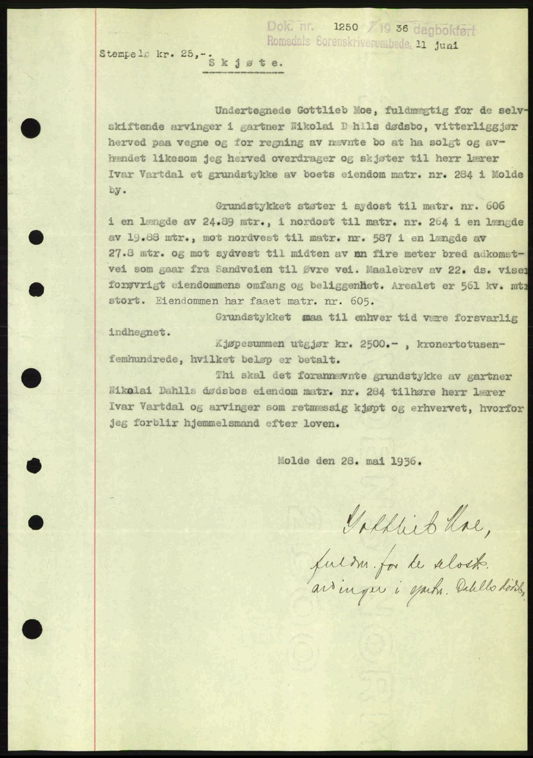 Romsdal sorenskriveri, AV/SAT-A-4149/1/2/2C: Mortgage book no. A1, 1936-1936, Diary no: : 1250/1936