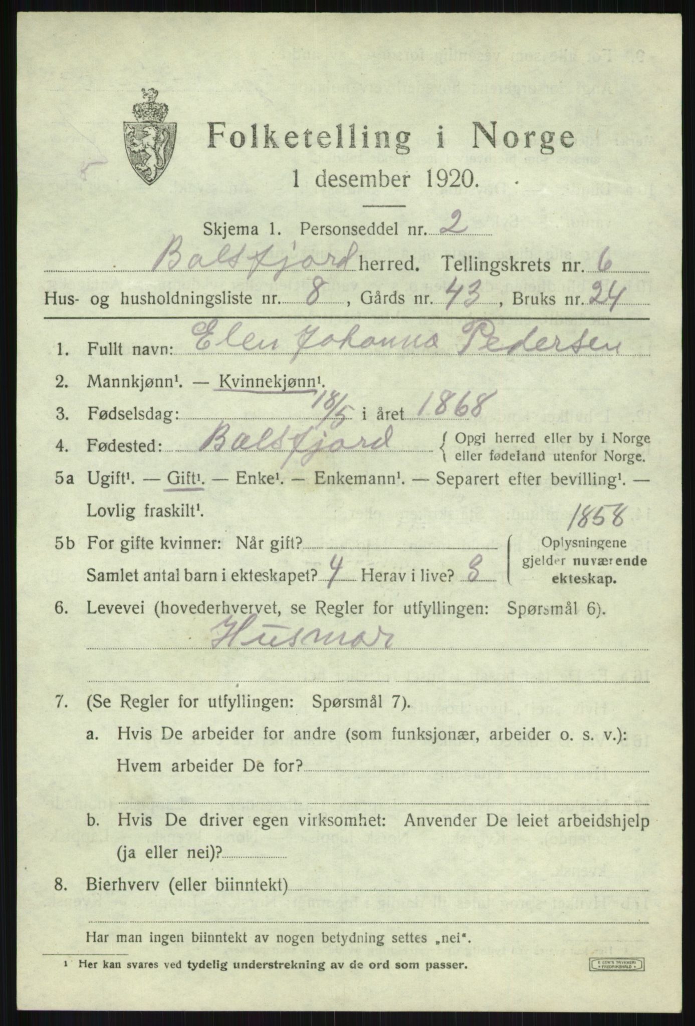 SATØ, 1920 census for Balsfjord, 1920, p. 3826