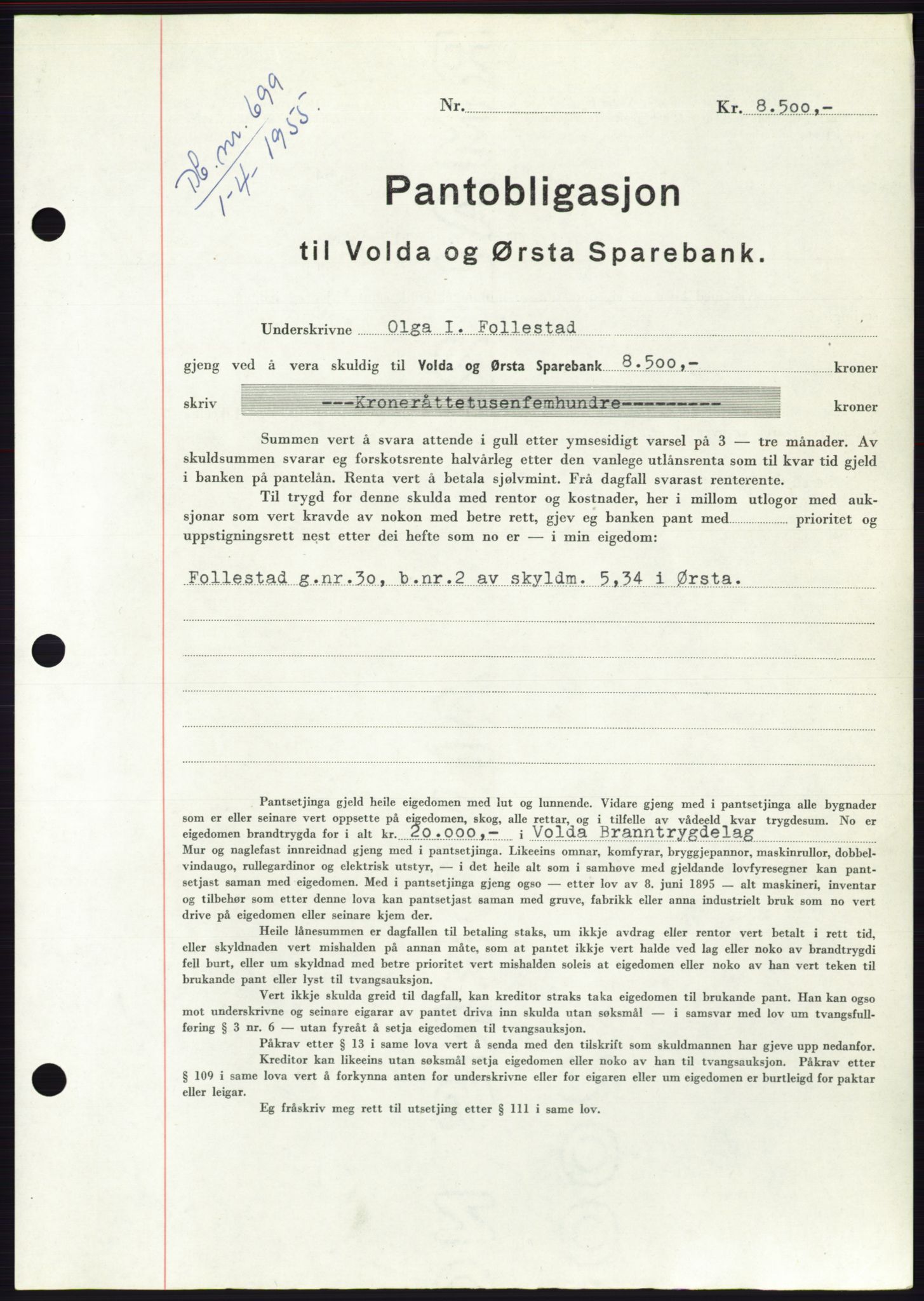 Søre Sunnmøre sorenskriveri, AV/SAT-A-4122/1/2/2C/L0126: Mortgage book no. 14B, 1954-1955, Diary no: : 699/1955