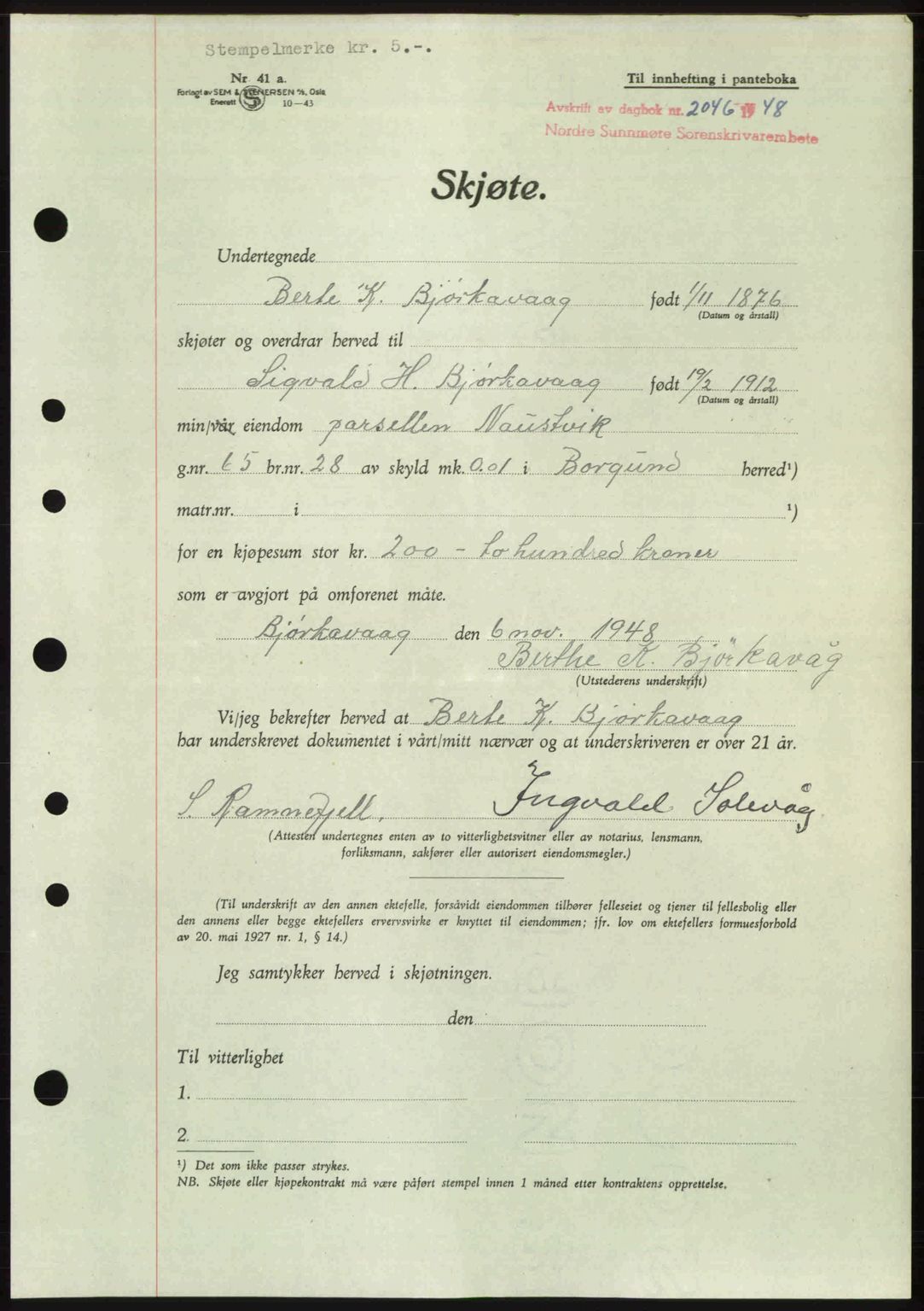 Nordre Sunnmøre sorenskriveri, AV/SAT-A-0006/1/2/2C/2Ca: Mortgage book no. A29, 1948-1949, Diary no: : 2046/1948