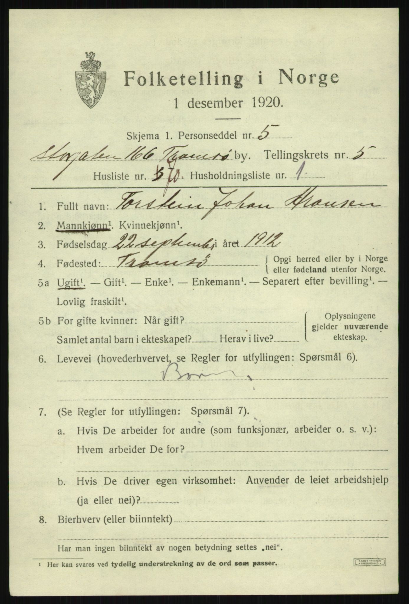 SATØ, 1920 census for Tromsø, 1920, p. 14919
