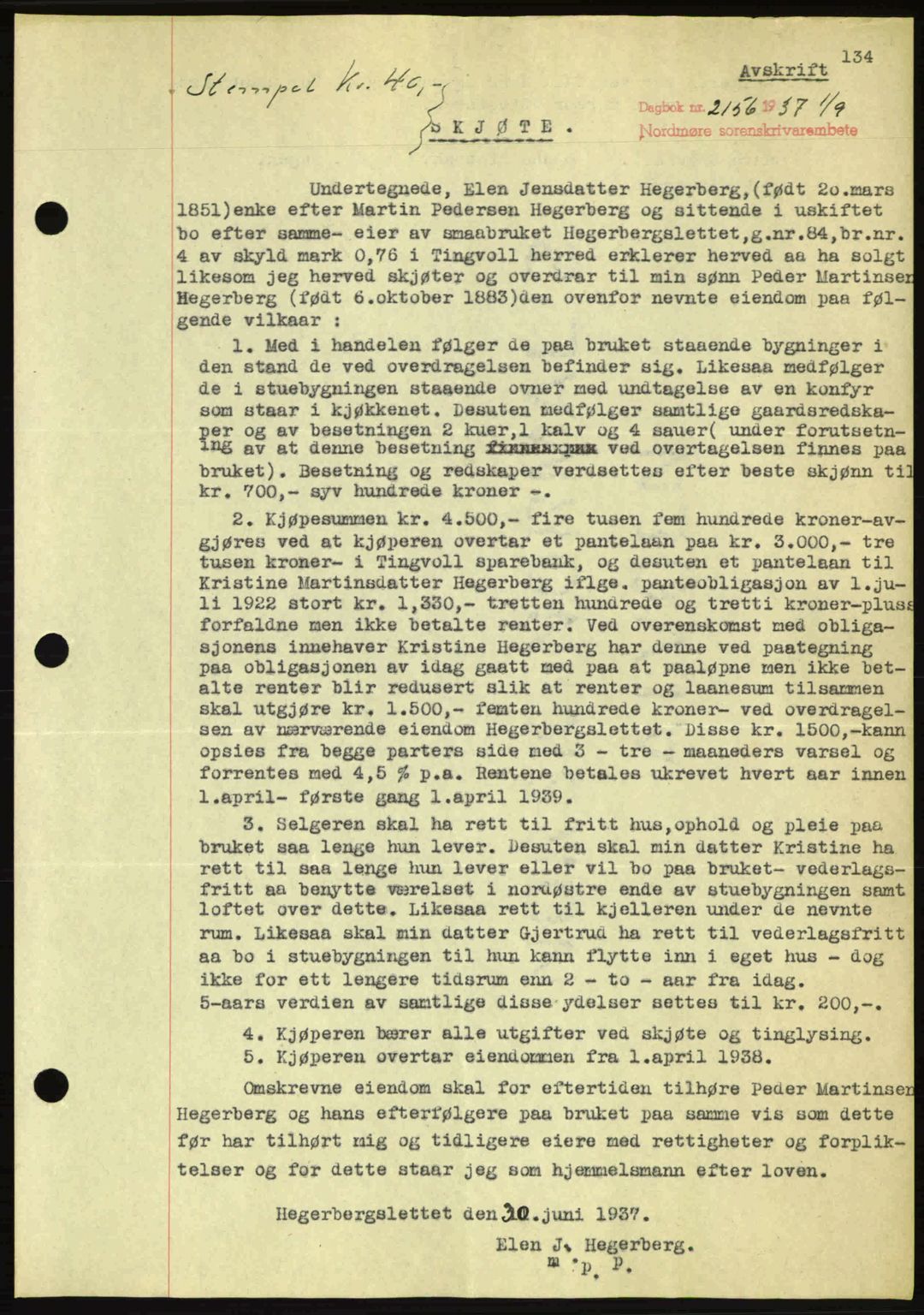 Nordmøre sorenskriveri, SAT/A-4132/1/2/2Ca: Mortgage book no. A82, 1937-1938, Diary no: : 2156/1937