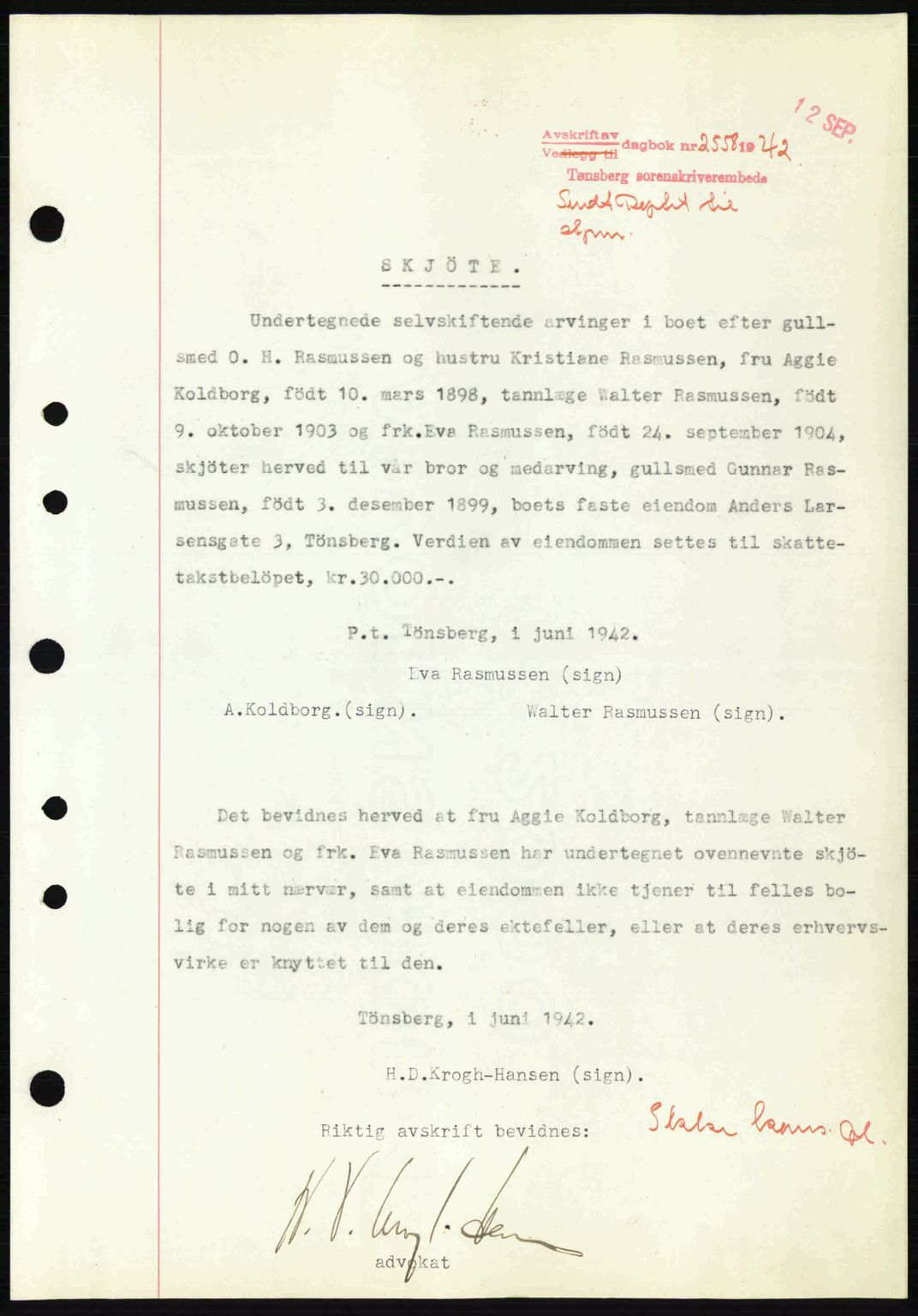 Tønsberg sorenskriveri, AV/SAKO-A-130/G/Ga/Gaa/L0012: Mortgage book no. A12, 1942-1943, Diary no: : 2558/1942