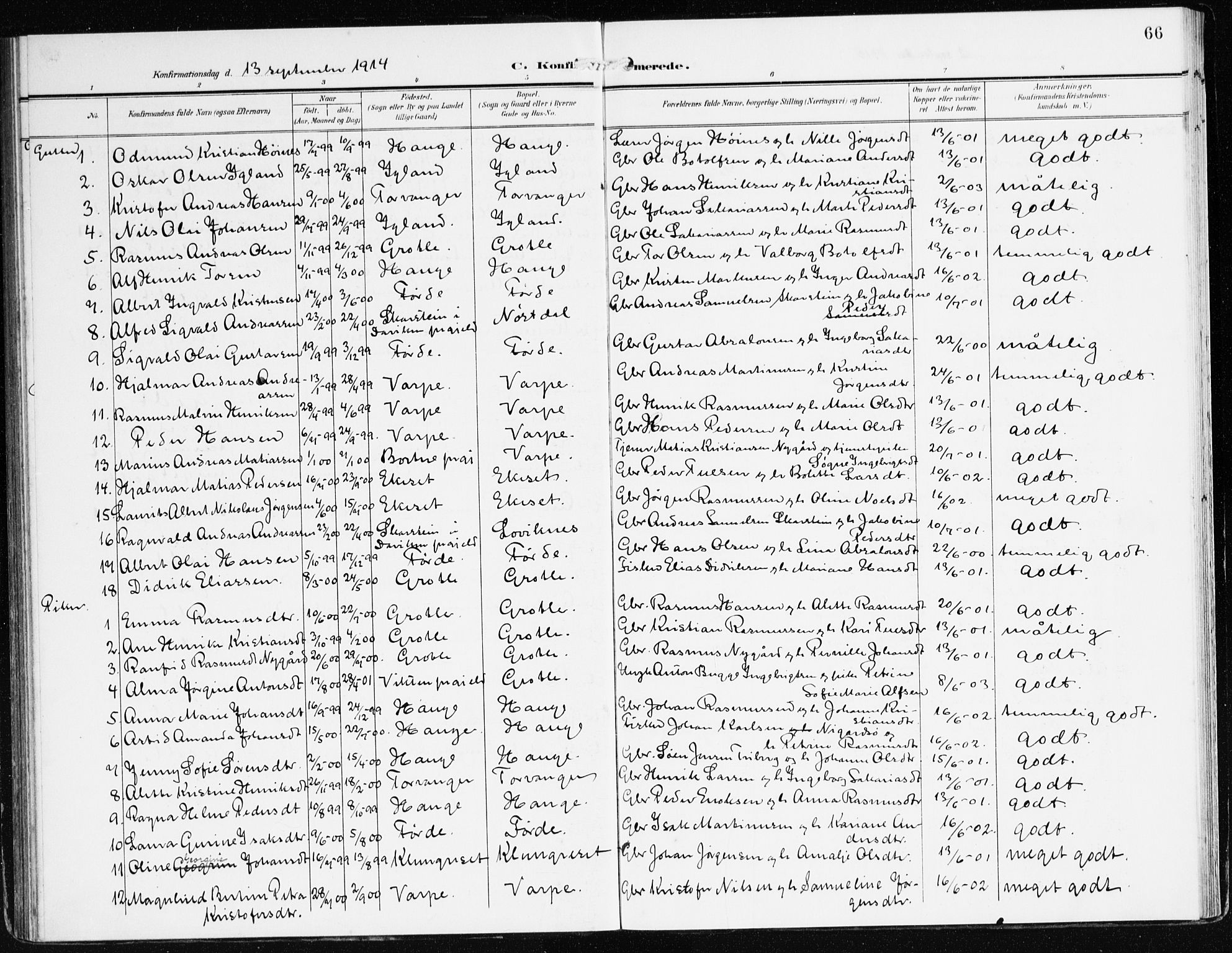 Bremanger sokneprestembete, SAB/A-82201/H/Haa/Haac/L0001: Parish register (official) no. C 1, 1908-1921, p. 66