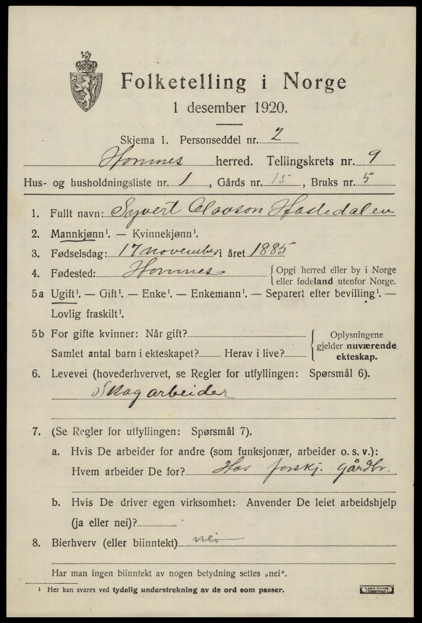 SAK, 1920 census for Hornnes, 1920, p. 2193