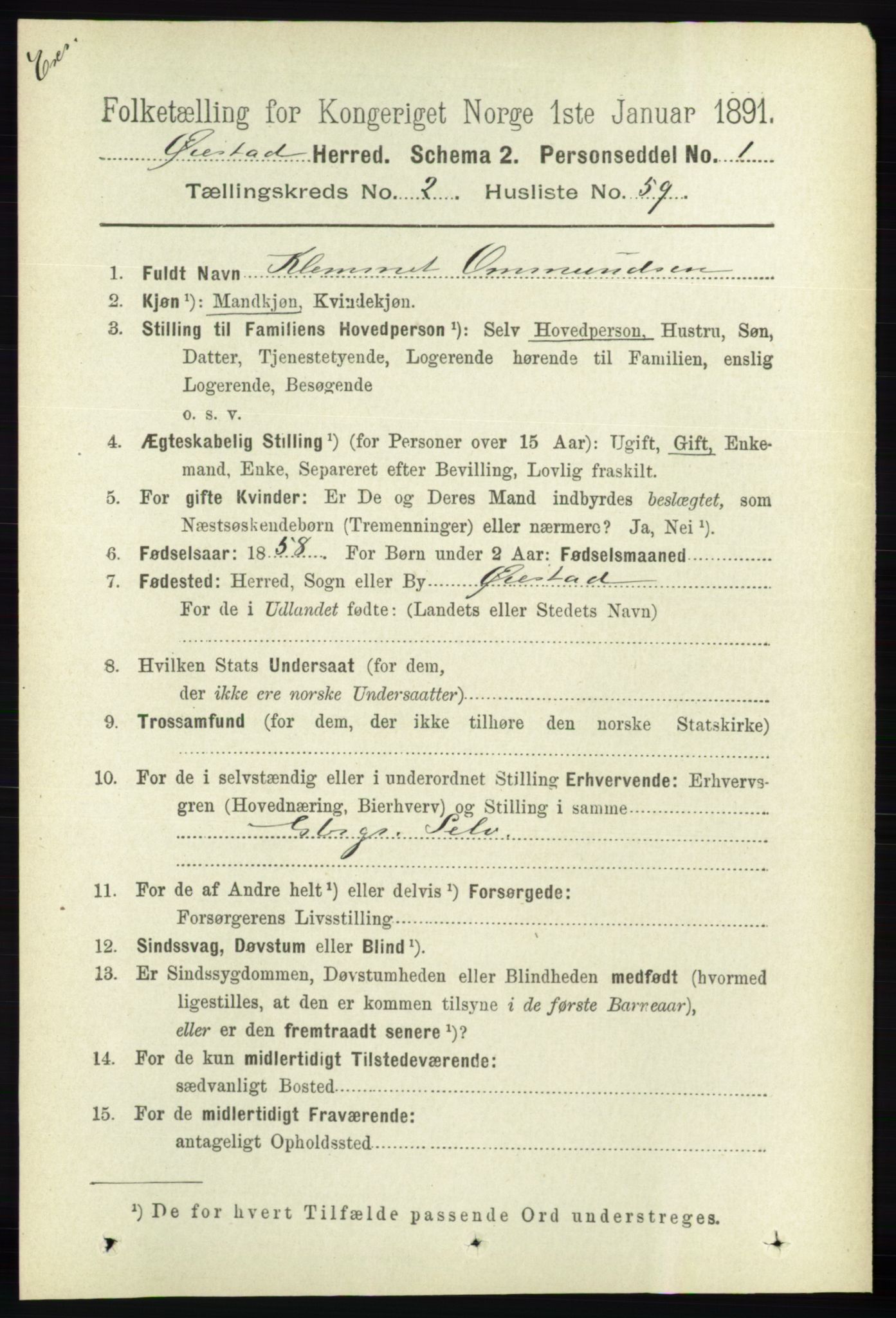 RA, Census 1891 for Nedenes amt: Gjenparter av personsedler for beslektede ektefeller, menn, 1891, p. 626