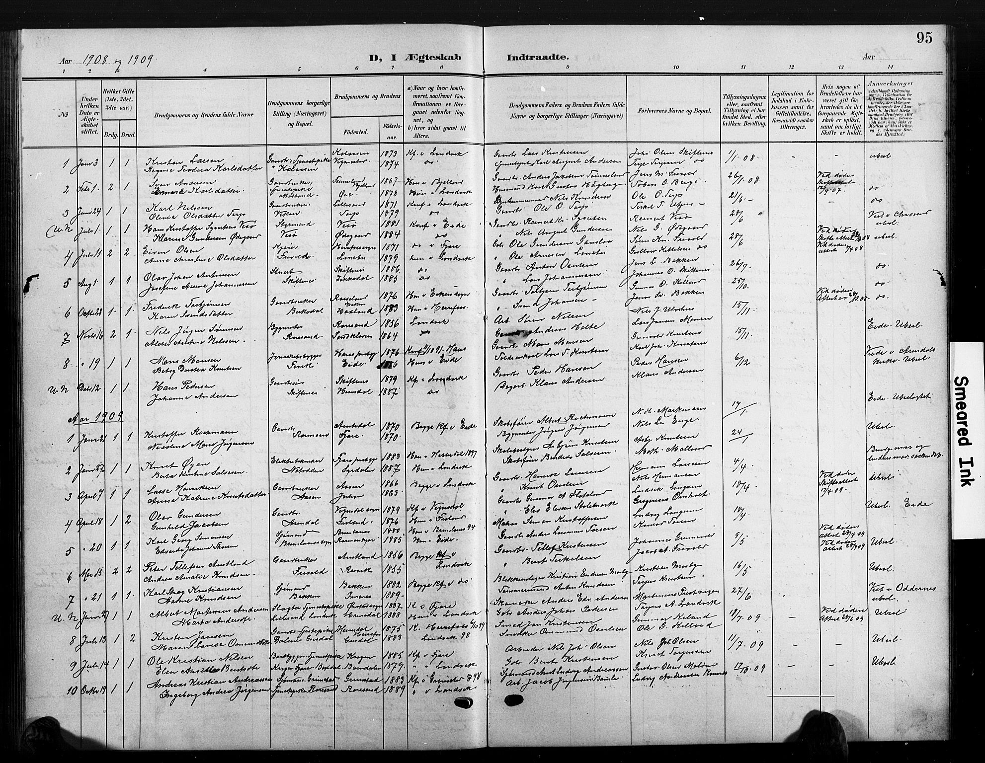 Hommedal sokneprestkontor, AV/SAK-1111-0023/F/Fb/Fbb/L0008: Parish register (copy) no. B 8, 1905-1929, p. 95