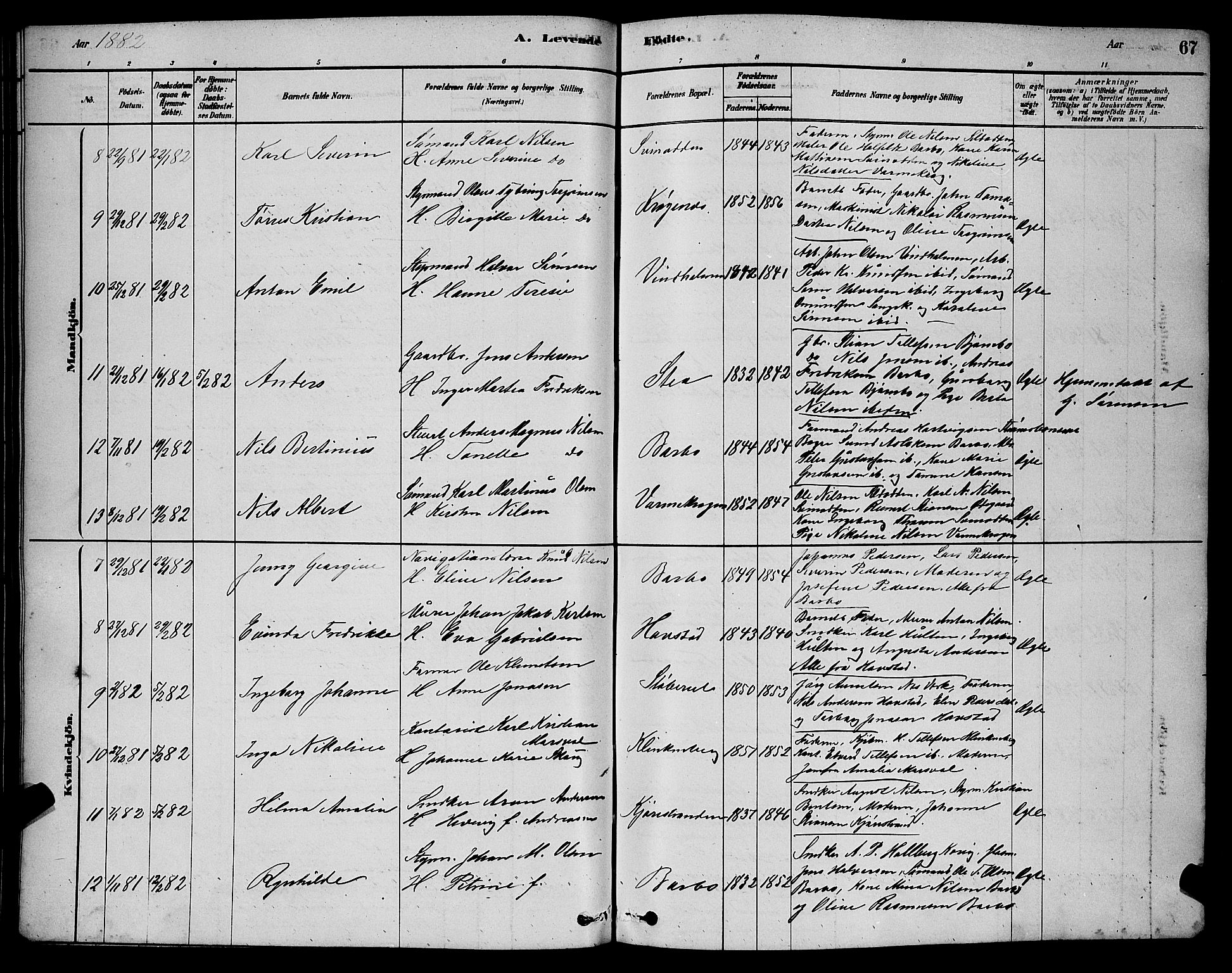 Barbu sokneprestkontor, AV/SAK-1111-0003/F/Fb/L0001: Parish register (copy) no. B 1, 1878-1890, p. 67