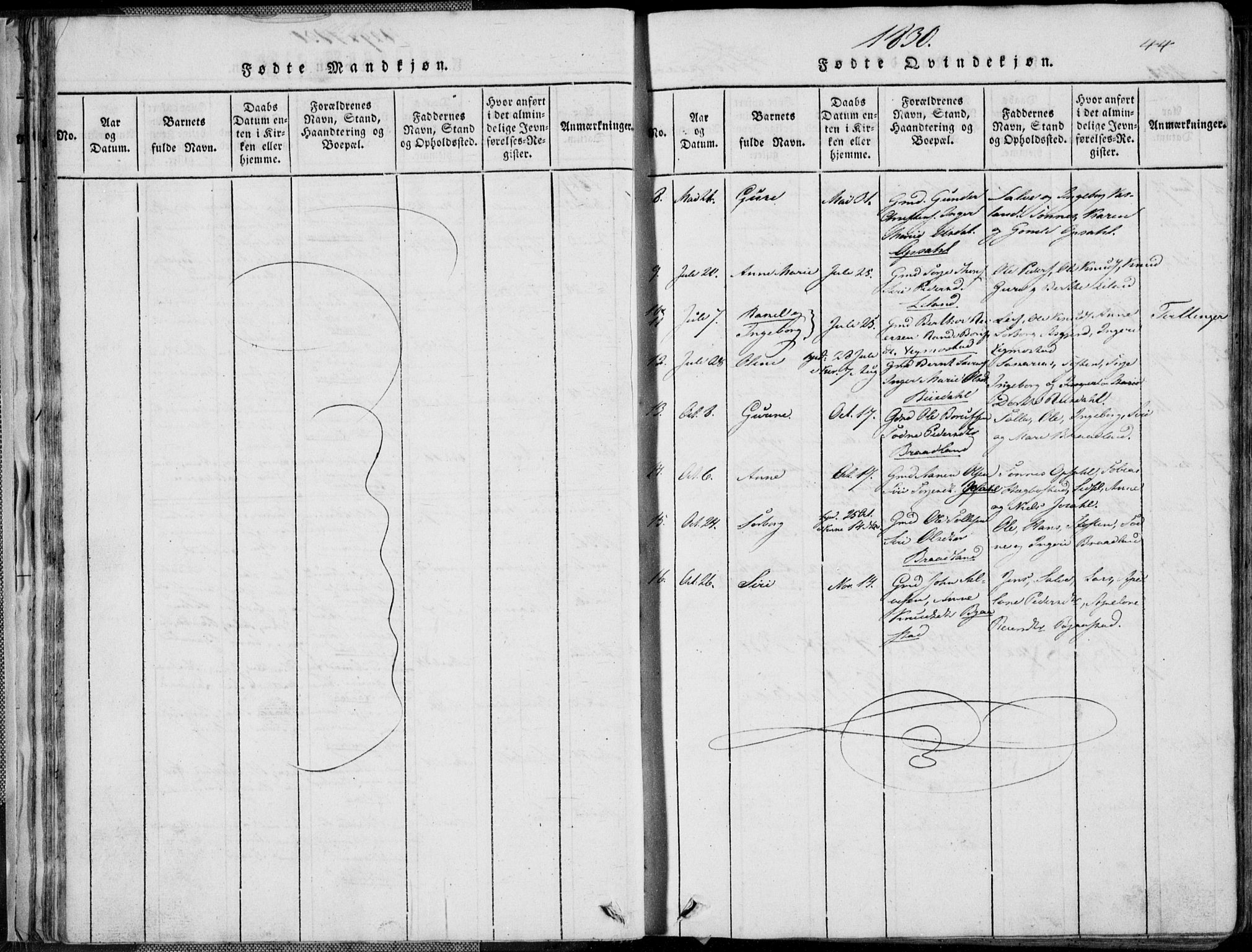 Nord-Audnedal sokneprestkontor, AV/SAK-1111-0032/F/Fb/Fbb/L0001: Parish register (copy) no. B 1, 1816-1858, p. 44