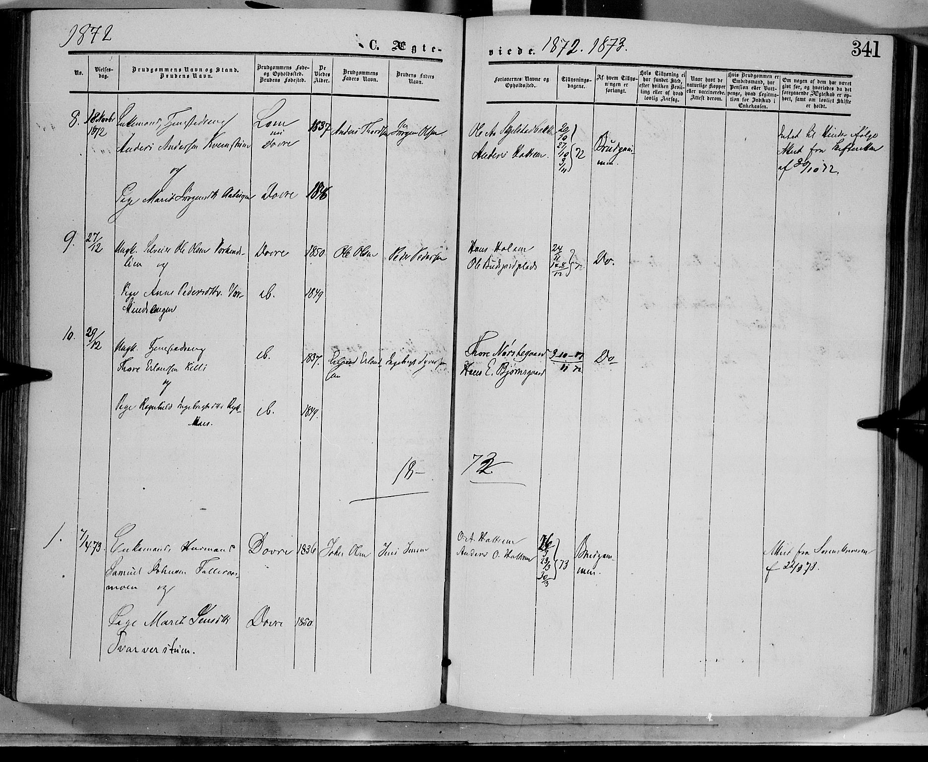 Dovre prestekontor, AV/SAH-PREST-066/H/Ha/Haa/L0001: Parish register (official) no. 1, 1854-1878, p. 341