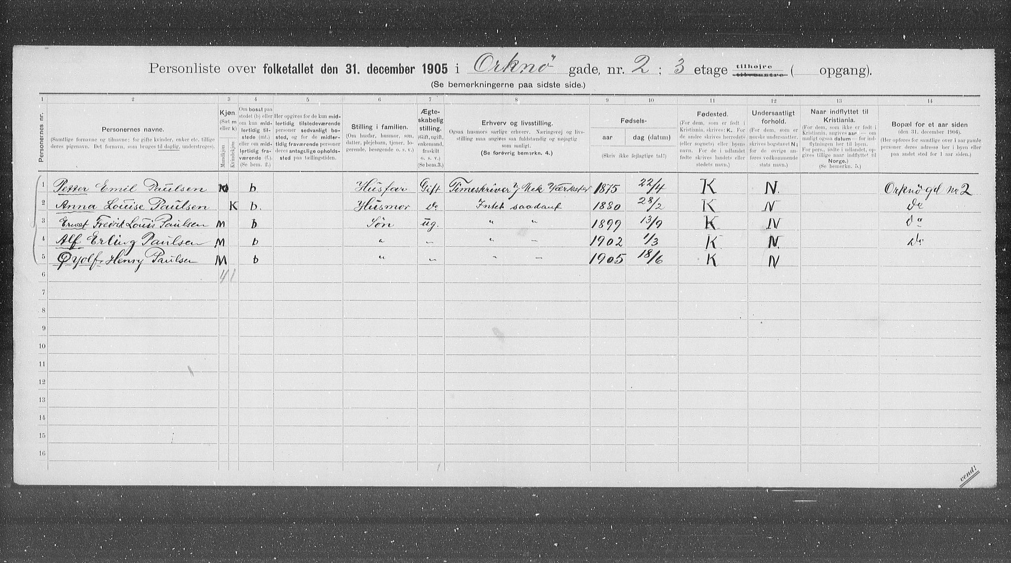 OBA, Municipal Census 1905 for Kristiania, 1905, p. 39916