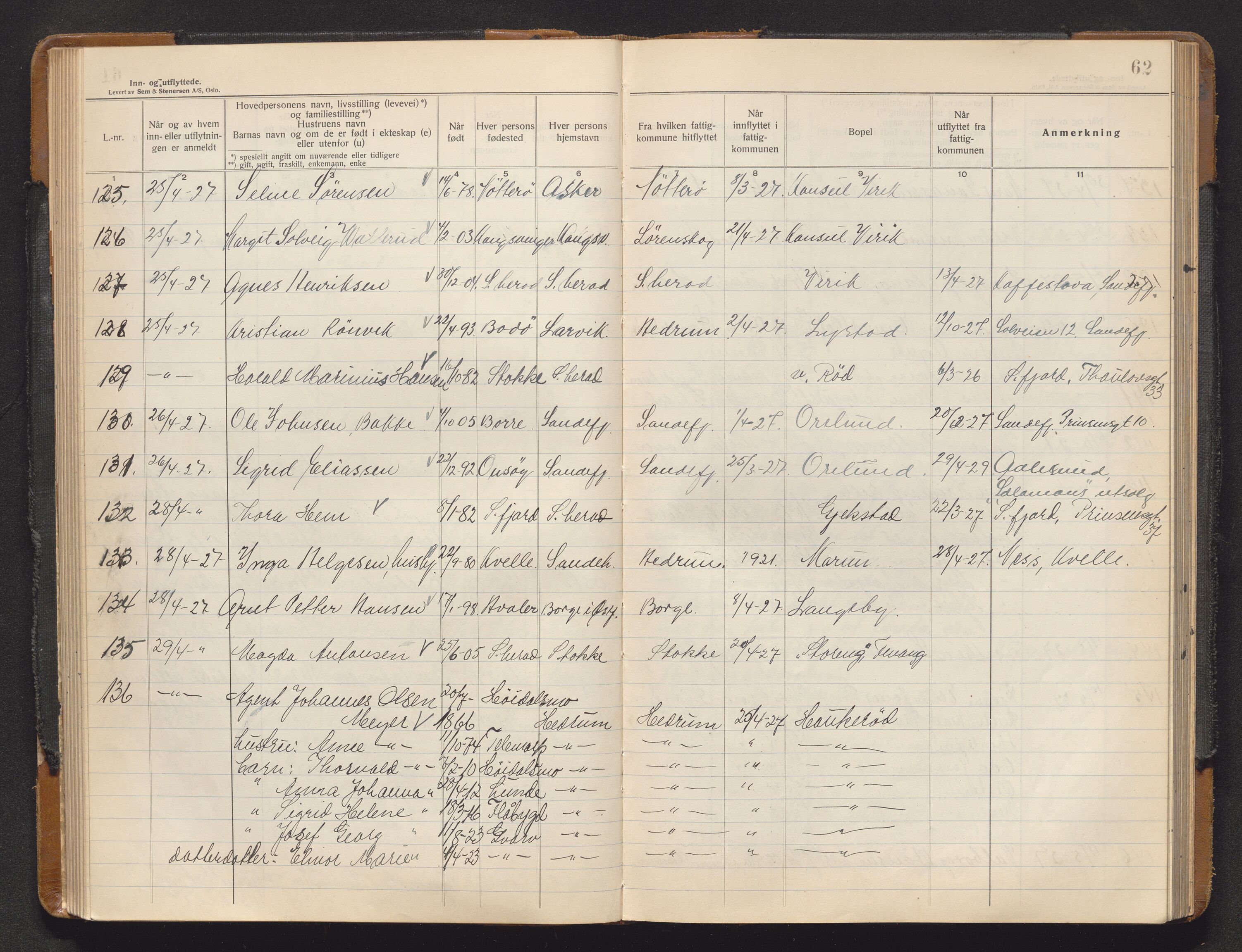 Sandar lensmannskontor, AV/SAKO-A-545/O/Oa/L0007: Protokoll over inn- og utflyttede, 1925-1929, p. 61b-62a