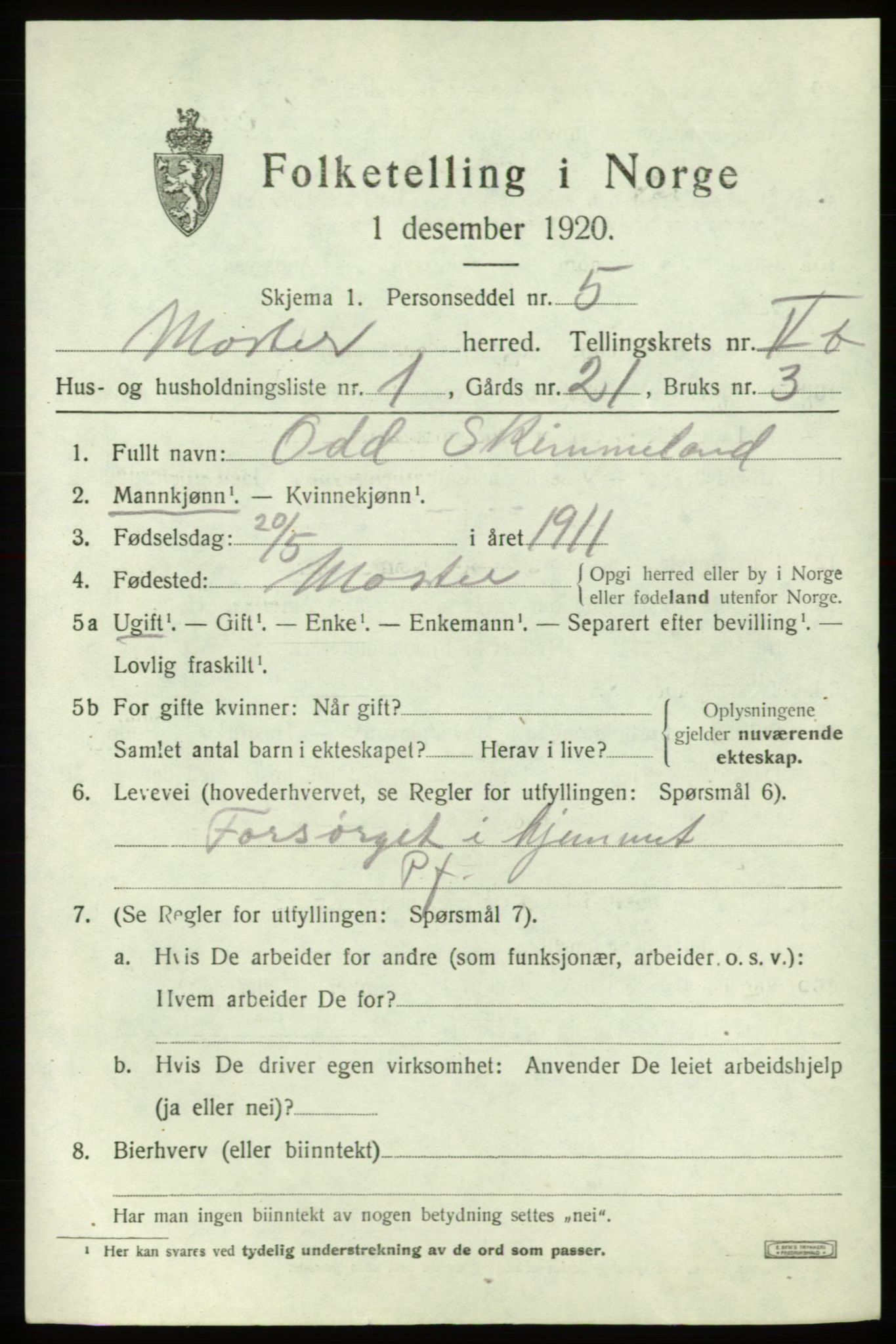 SAB, 1920 census for Moster, 1920, p. 1865