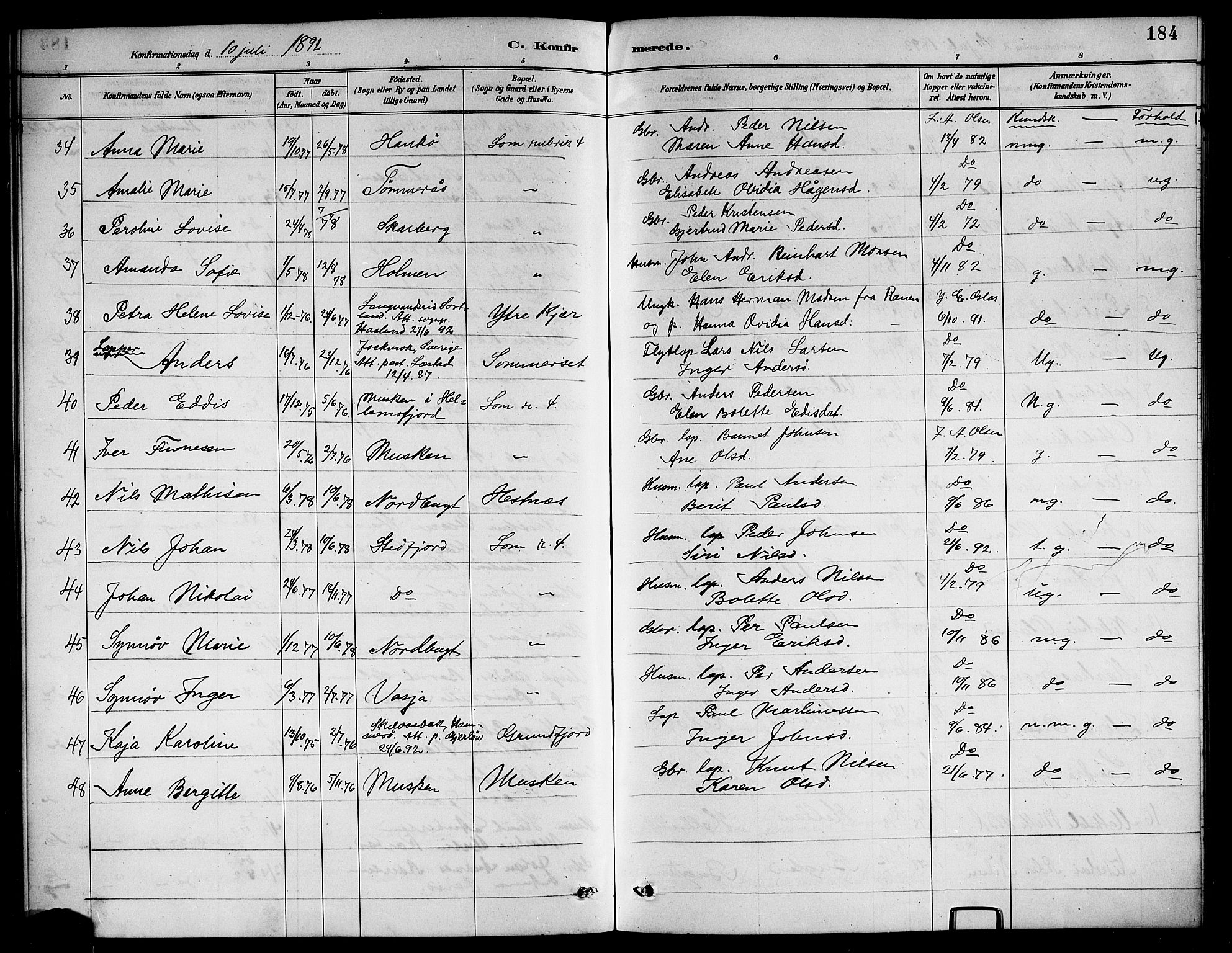 Ministerialprotokoller, klokkerbøker og fødselsregistre - Nordland, AV/SAT-A-1459/861/L0876: Parish register (copy) no. 861C02, 1887-1903, p. 184