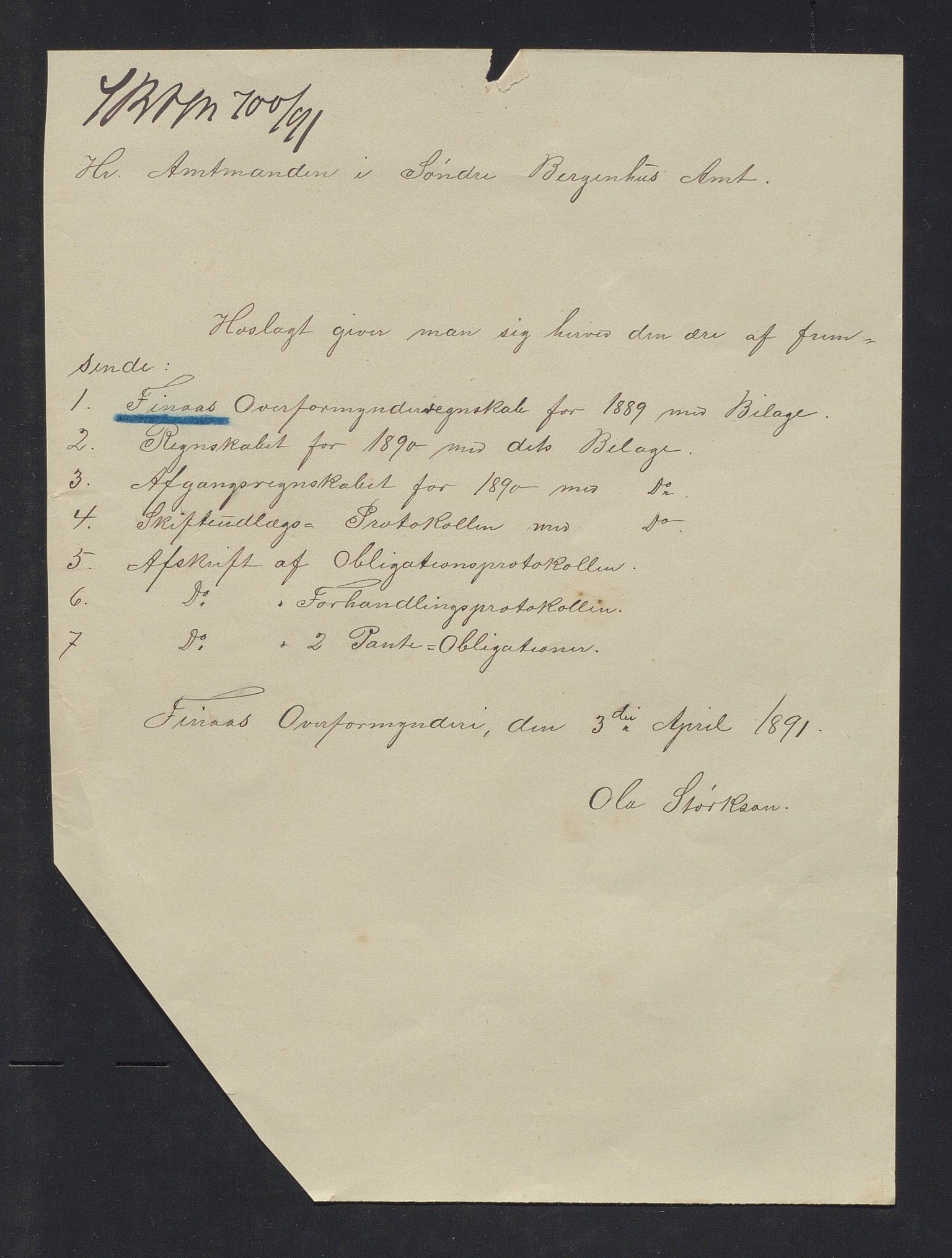 Finnaas kommune. Overformynderiet, IKAH/1218a-812/R/Ra/Raa/L0005/0007: Årlege rekneskap m/vedlegg / Årlege rekneskap m/vedlegg, 1890