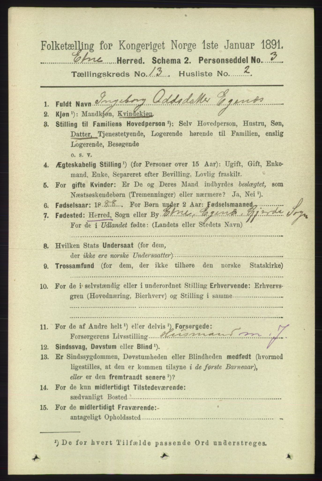 RA, 1891 census for 1211 Etne, 1891, p. 2746