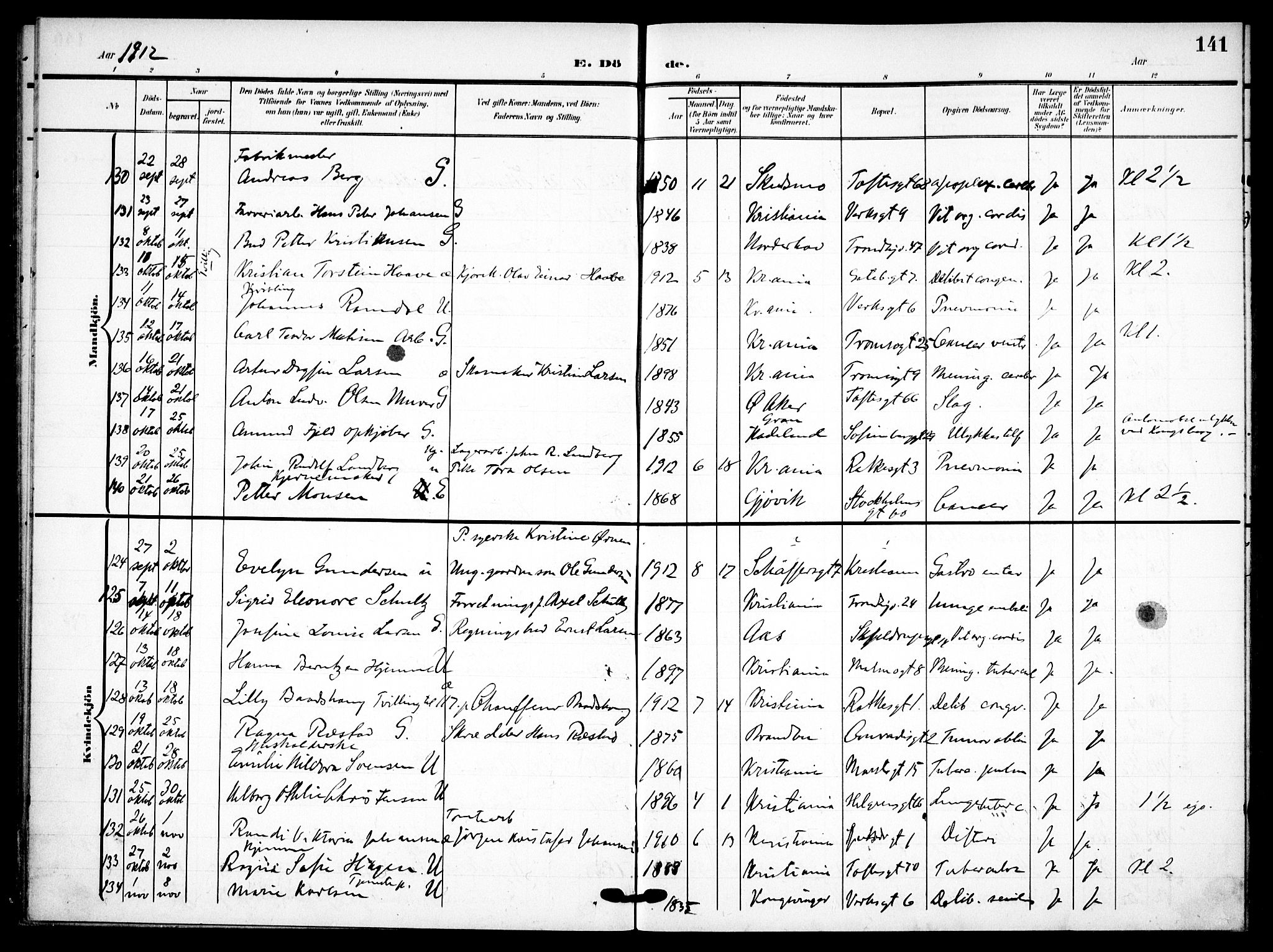 Petrus prestekontor Kirkebøker, AV/SAO-A-10872/F/Fa/L0010: Parish register (official) no. 10, 1904-1916, p. 141