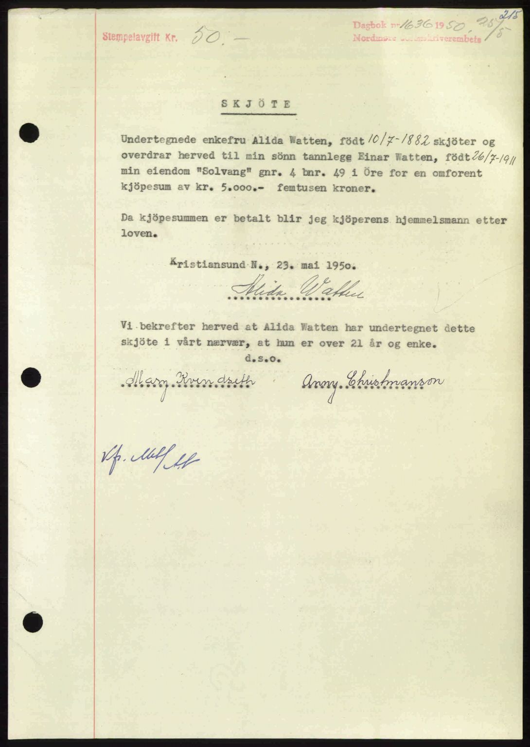 Nordmøre sorenskriveri, AV/SAT-A-4132/1/2/2Ca: Mortgage book no. A115, 1950-1950, Diary no: : 1636/1950