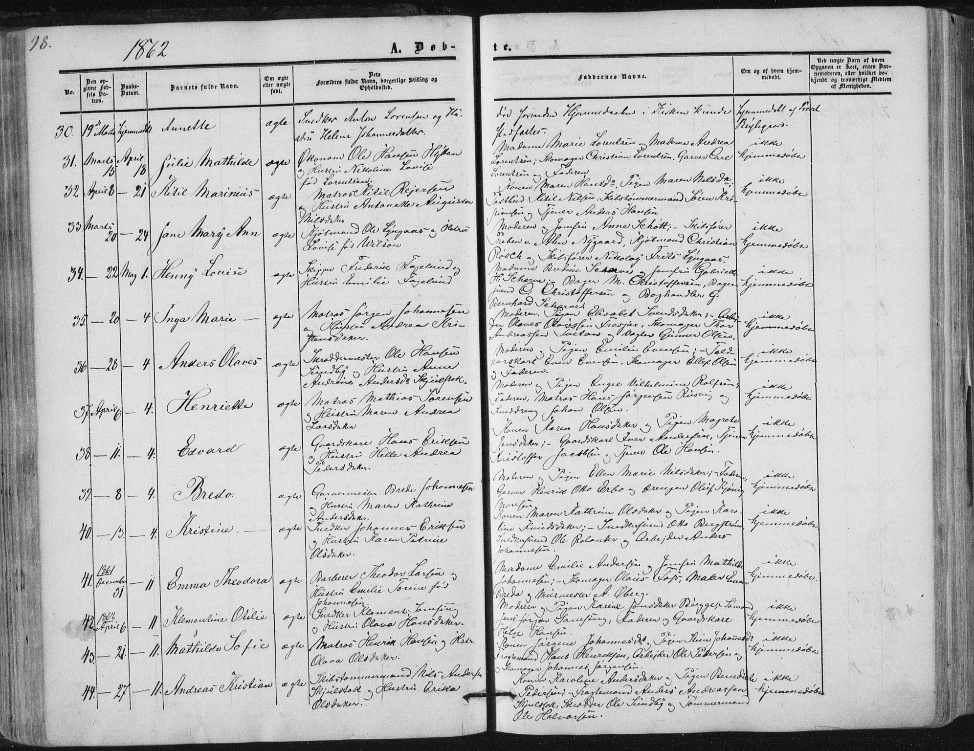 Tønsberg kirkebøker, SAKO/A-330/F/Fa/L0008: Parish register (official) no. I 8, 1855-1864, p. 98