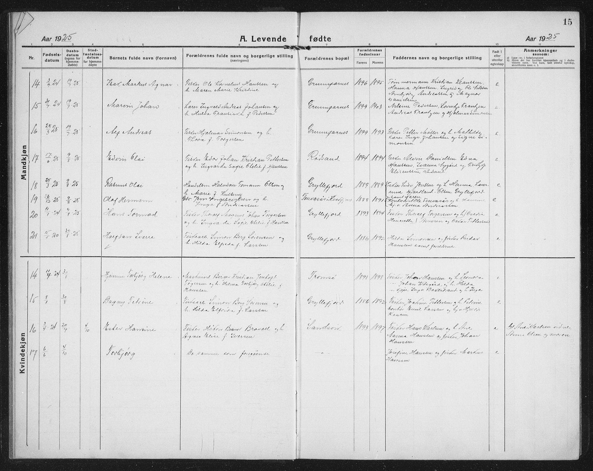 Berg sokneprestkontor, AV/SATØ-S-1318/G/Ga/Gab/L0014klokker: Parish register (copy) no. 14, 1922-1933, p. 15