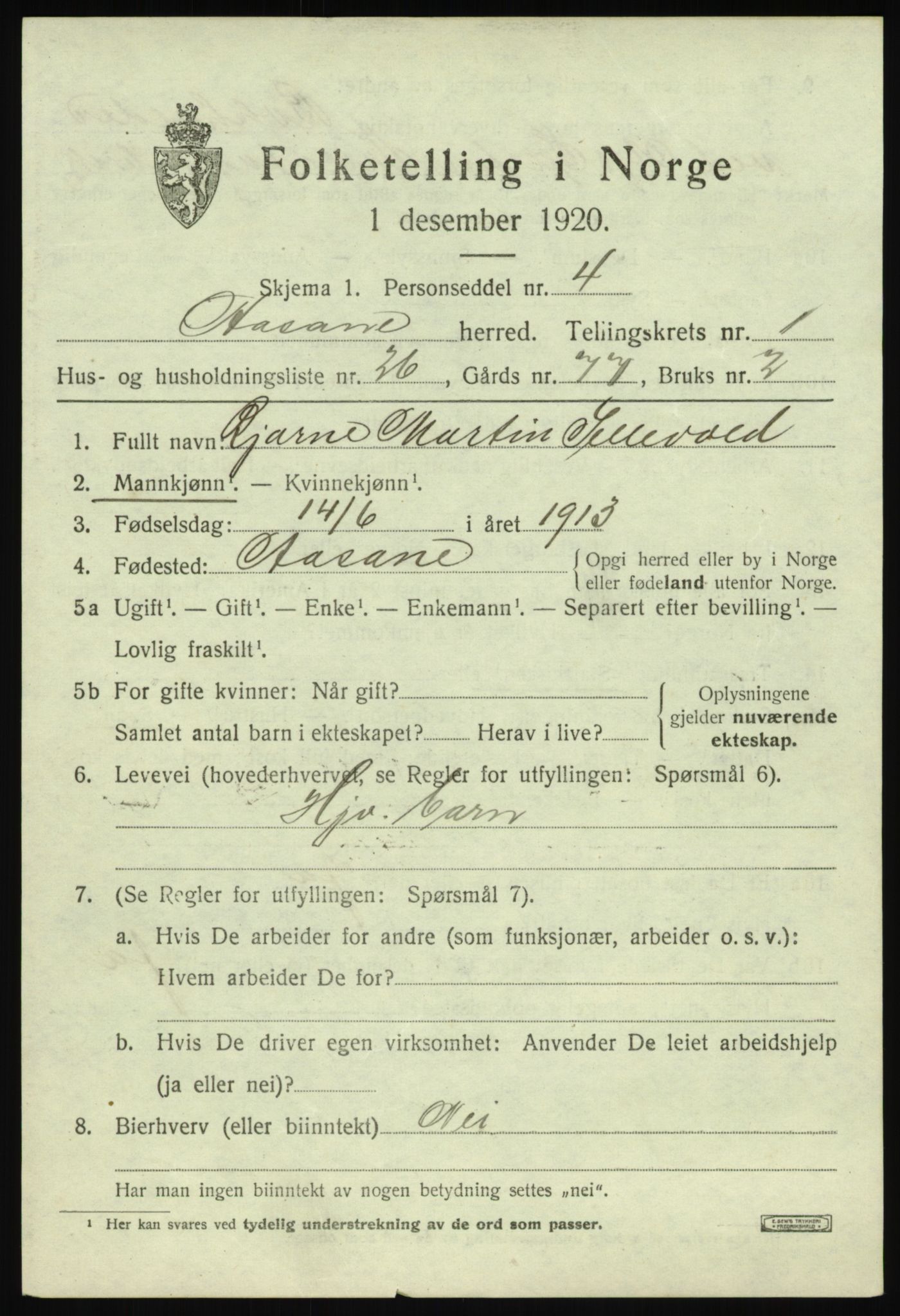 SAB, 1920 census for Åsane, 1920, p. 1215