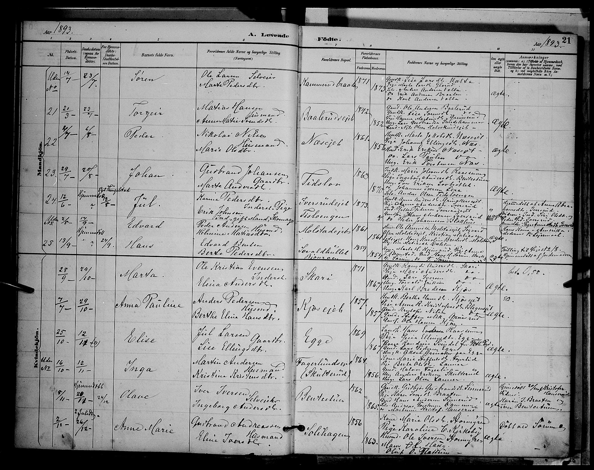Gran prestekontor, SAH/PREST-112/H/Ha/Hab/L0004: Parish register (copy) no. 4, 1890-1899, p. 21