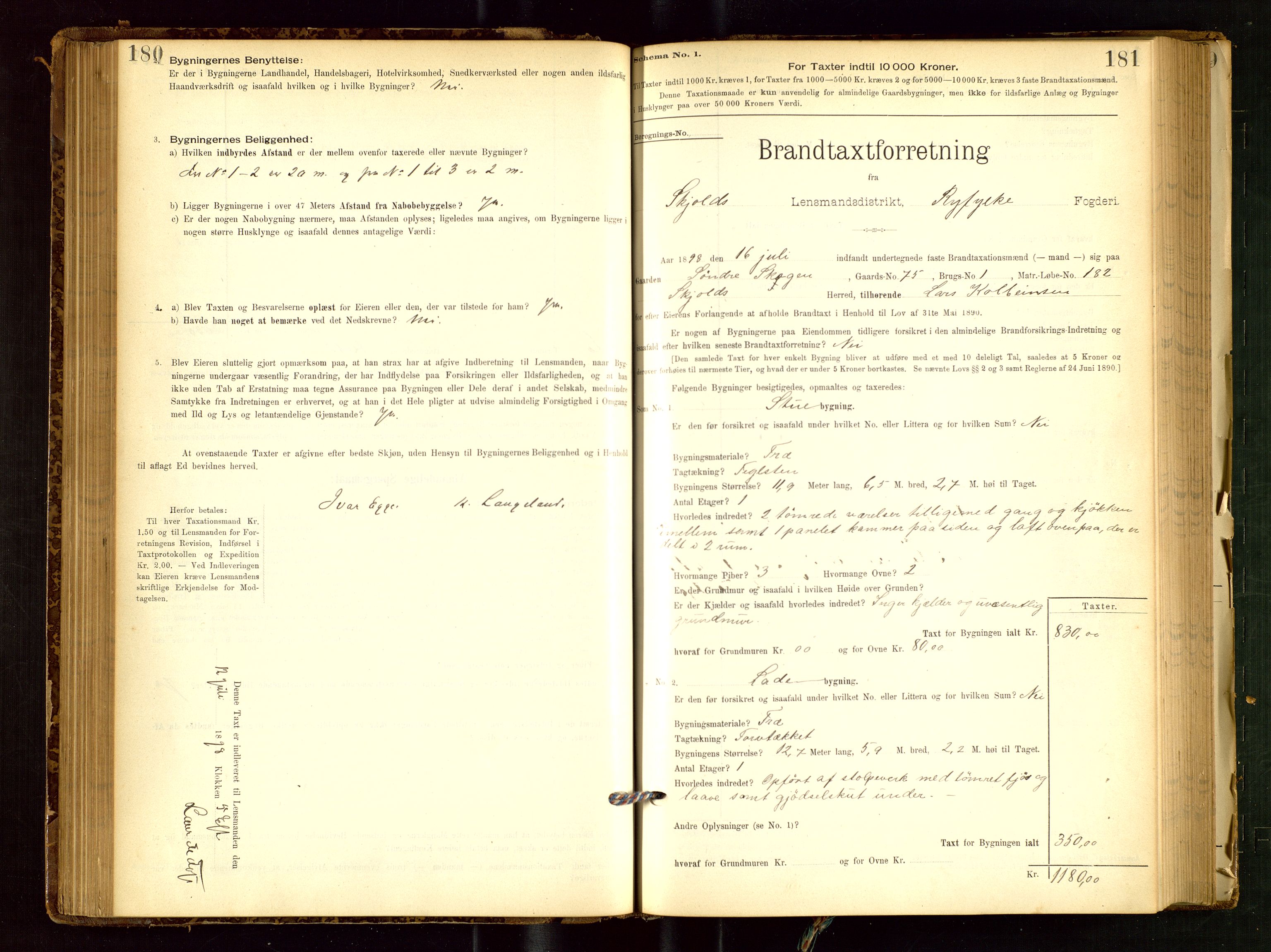 Skjold lensmannskontor, AV/SAST-A-100182/Gob/L0001: "Brandtaxationsprotokol for Skjold Lensmandsdistrikt Ryfylke Fogderi", 1894-1939, p. 180-181