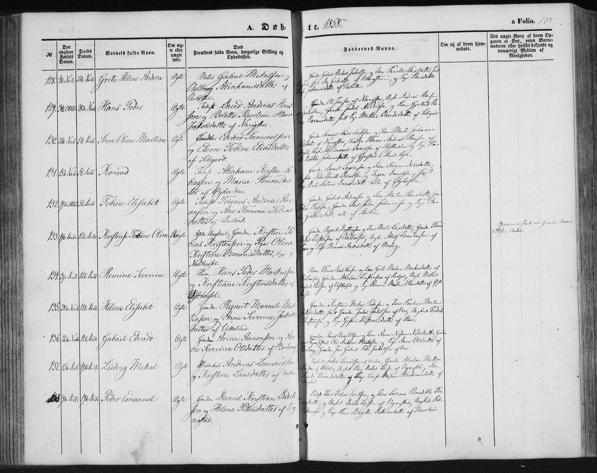 Lista sokneprestkontor, SAK/1111-0027/F/Fa/L0010: Parish register (official) no. A 10, 1846-1861, p. 134