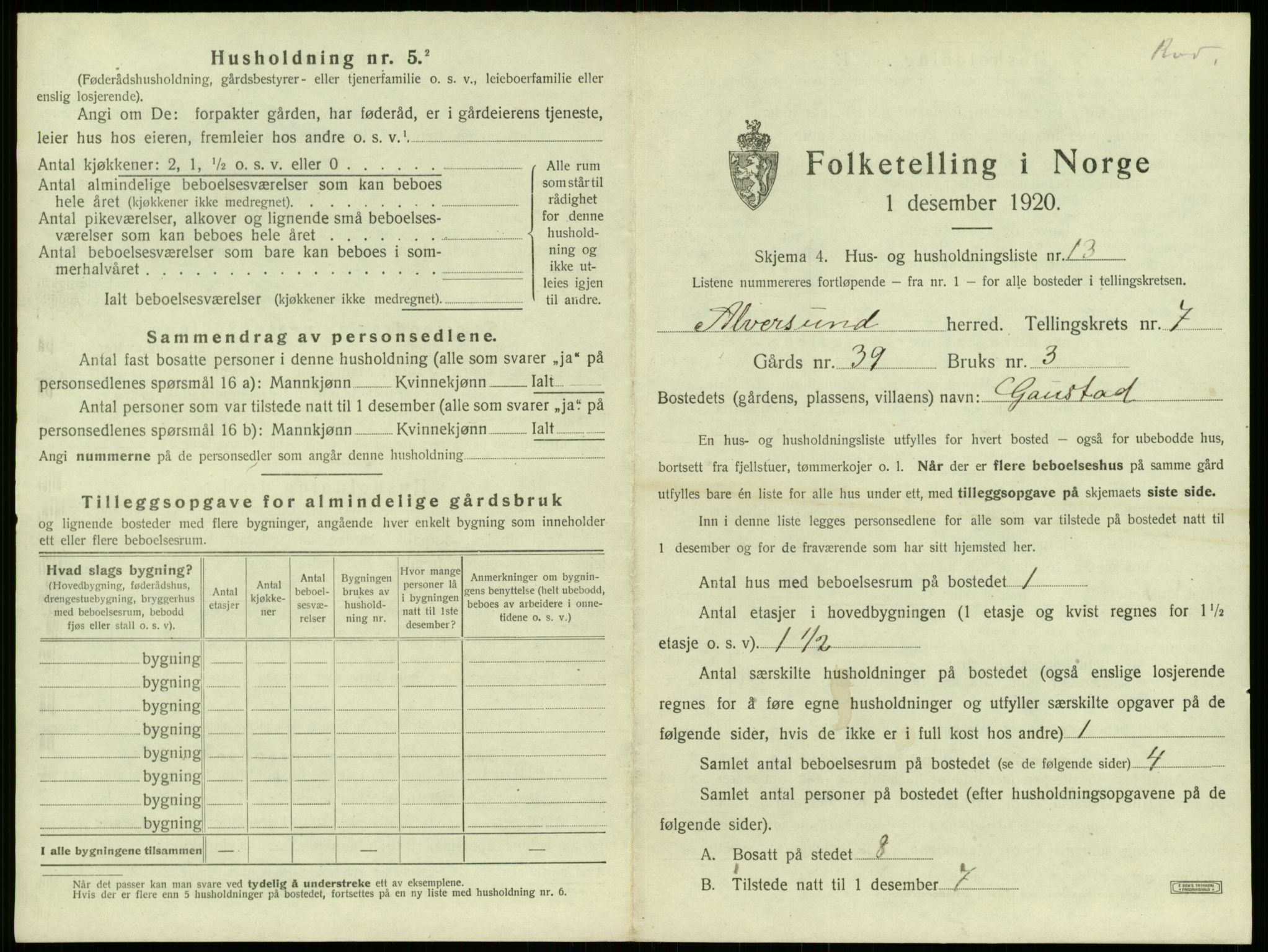 SAB, 1920 census for Alversund, 1920, p. 578