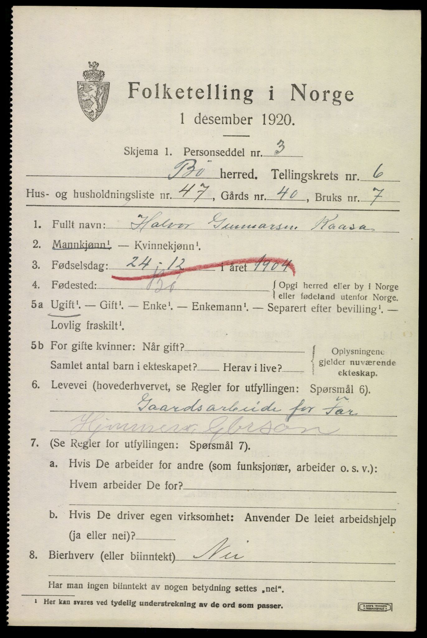 SAKO, 1920 census for Bø (Telemark), 1920, p. 4916