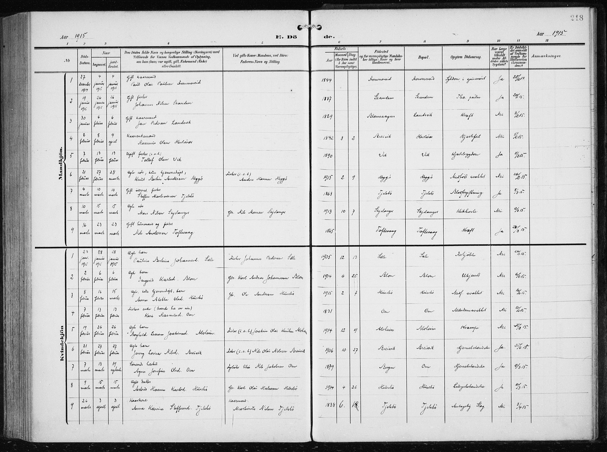 Herdla Sokneprestembete, SAB/A-75701/H/Haa: Parish register (official) no. A 5, 1905-1918, p. 218