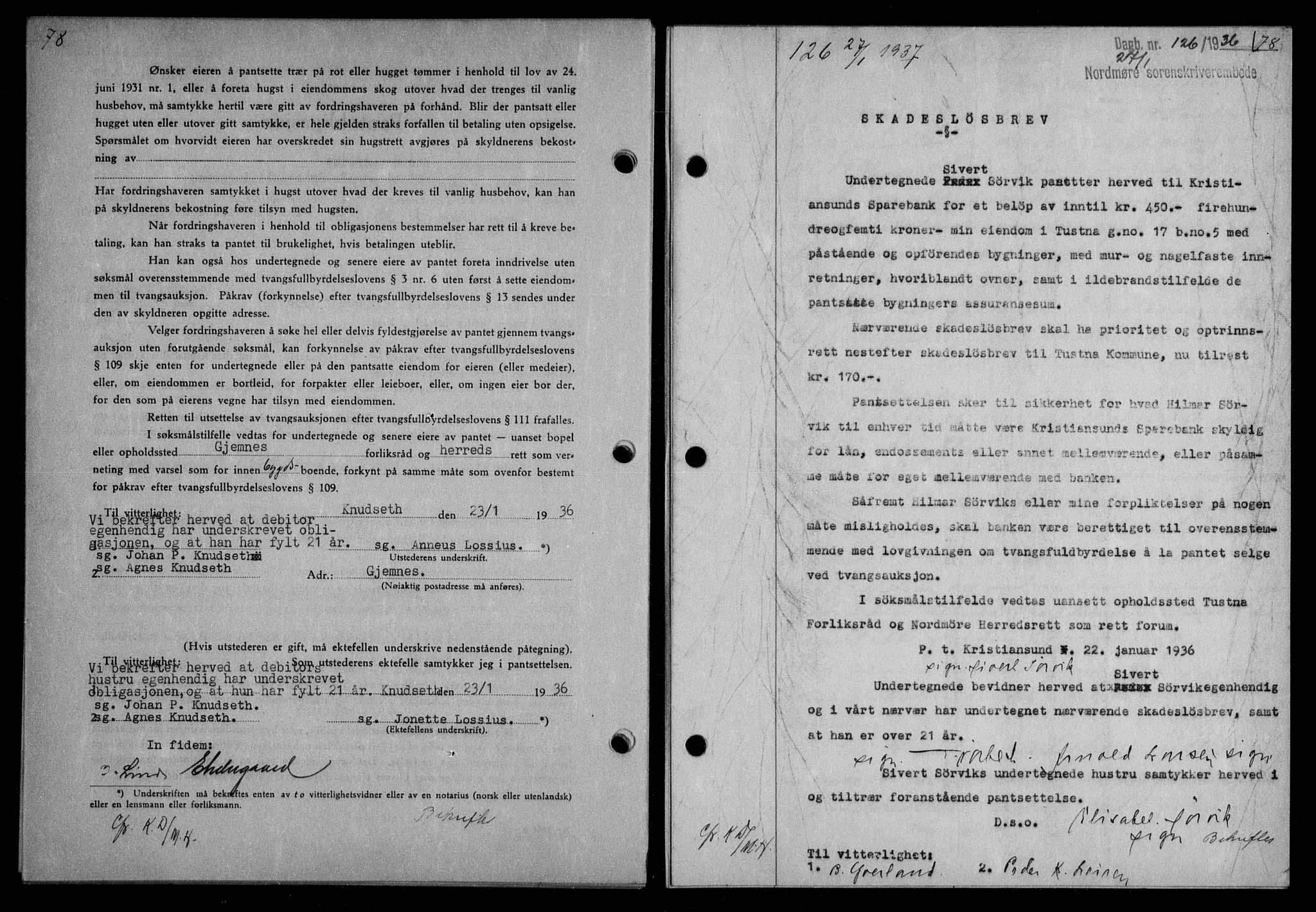 Nordmøre sorenskriveri, AV/SAT-A-4132/1/2/2Ca/L0087: Mortgage book no. 77, 1935-1936, Deed date: 27.01.1936