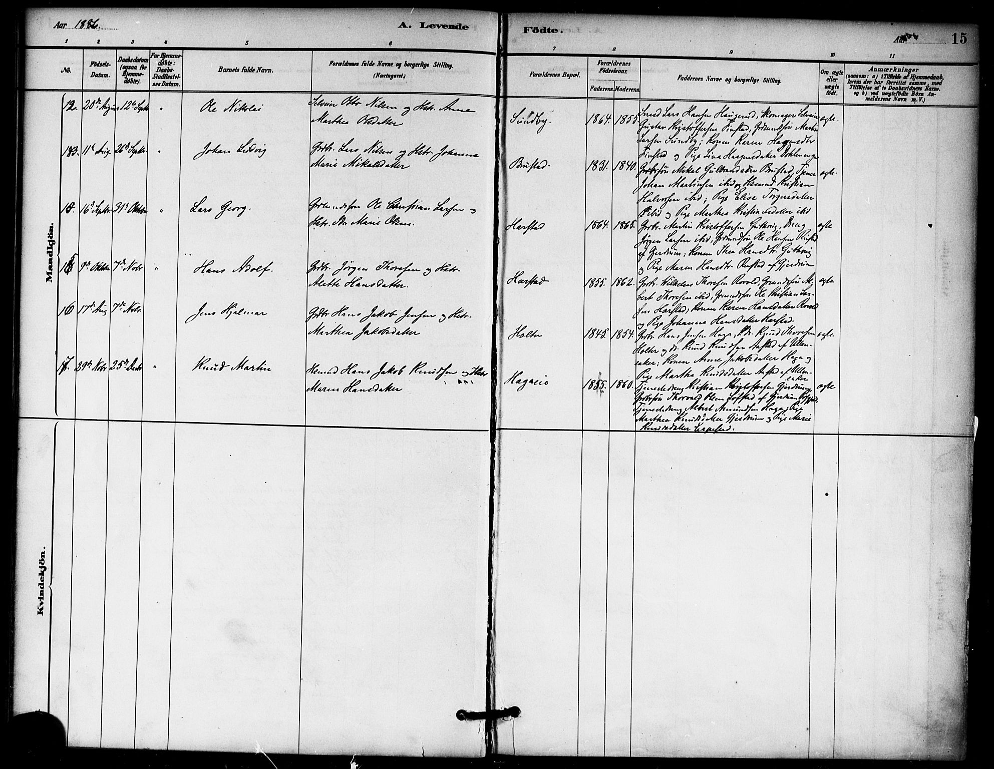 Nannestad prestekontor Kirkebøker, AV/SAO-A-10414a/F/Fb/L0001: Parish register (official) no. II 1, 1881-1890, p. 15