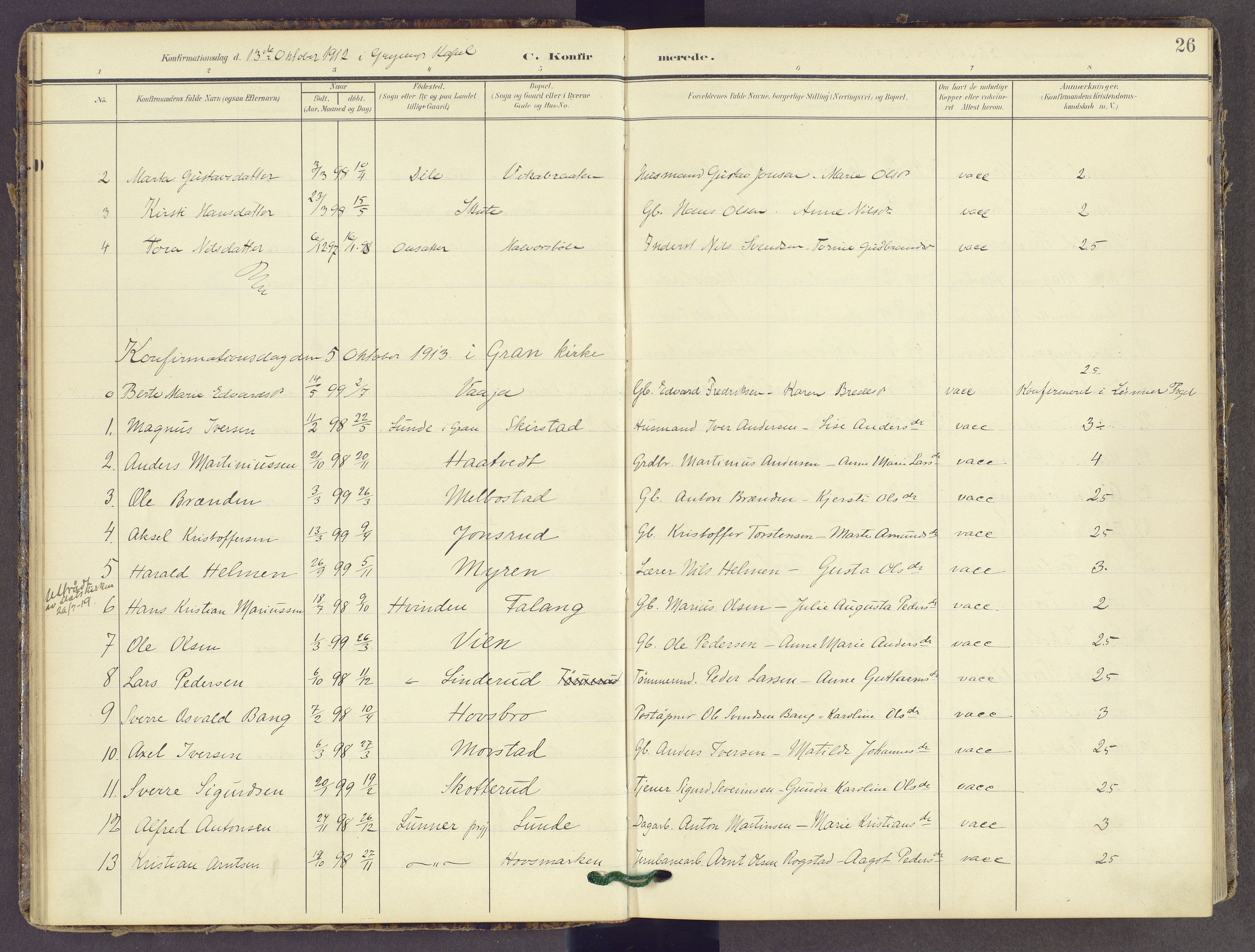Gran prestekontor, SAH/PREST-112/H/Ha/Haa/L0022: Parish register (official) no. 22, 1908-1918, p. 26