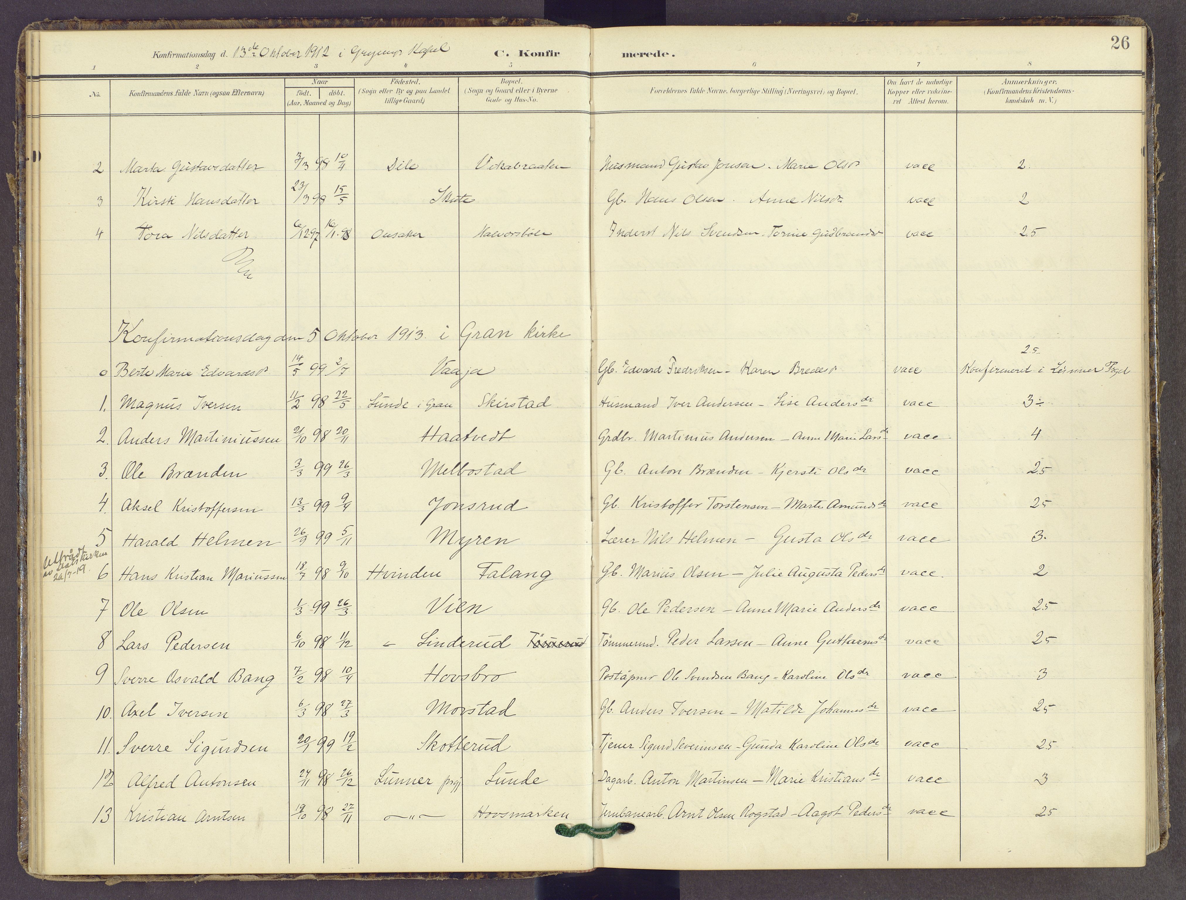Gran prestekontor, AV/SAH-PREST-112/H/Ha/Haa/L0022: Parish register (official) no. 22, 1908-1918, p. 26