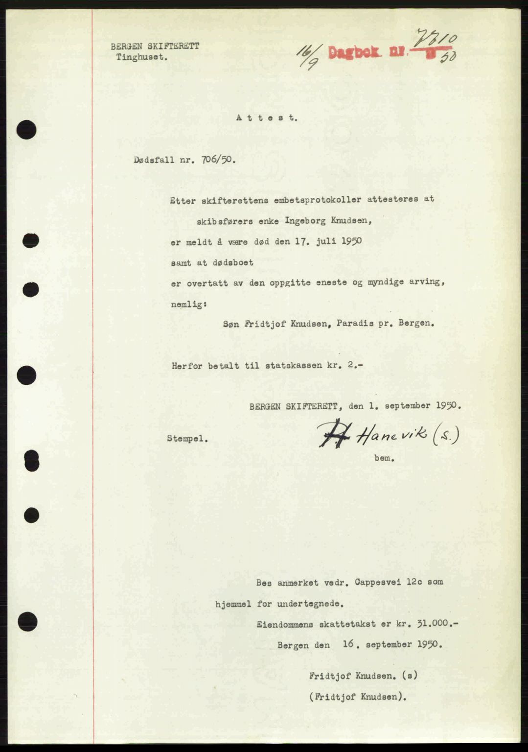 Byfogd og Byskriver i Bergen, AV/SAB-A-3401/03/03Bc/L0033: Mortgage book no. A26-27, 1950-1950, Diary no: : 7710/1950
