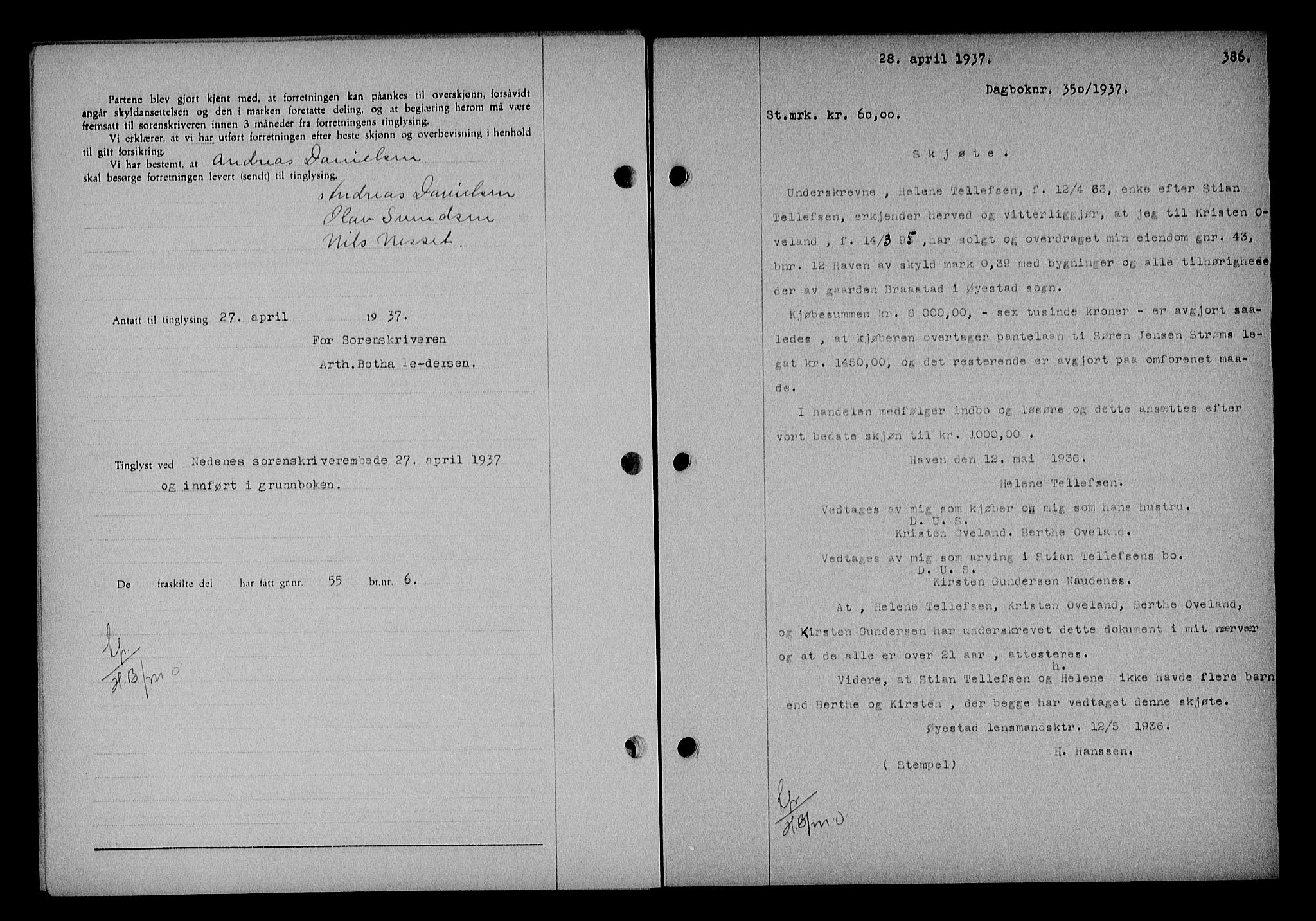 Nedenes sorenskriveri, SAK/1221-0006/G/Gb/Gba/L0043: Mortgage book no. 39, 1936-1937, Diary no: : 350/1937