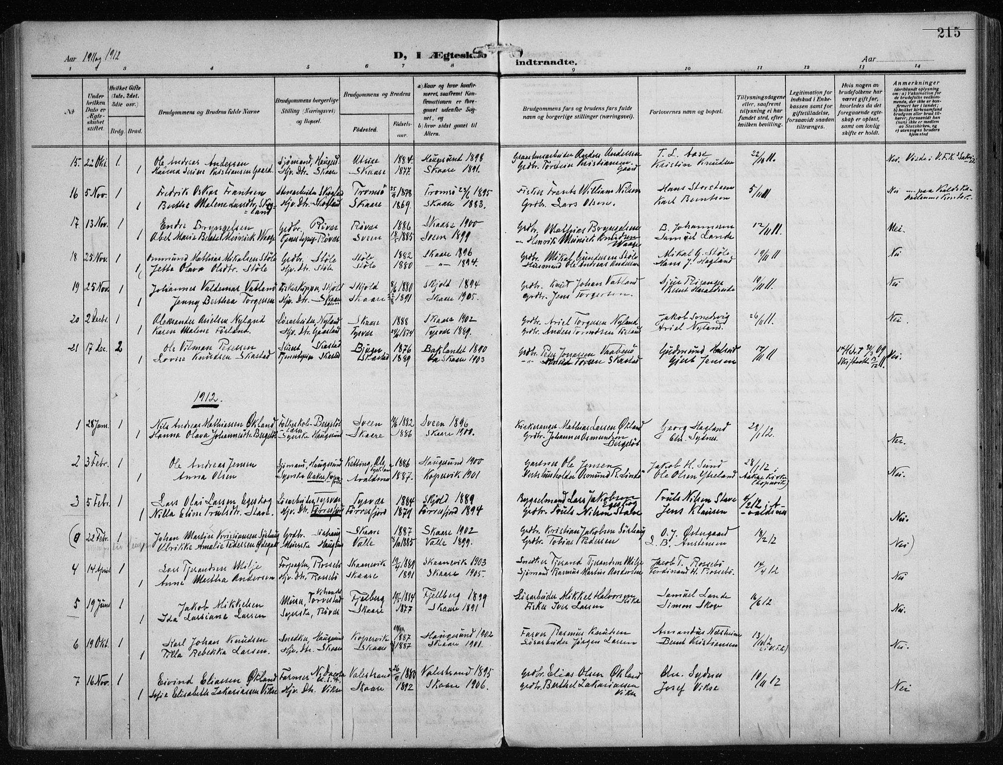 Haugesund sokneprestkontor, AV/SAST-A -101863/H/Ha/Haa/L0010: Parish register (official) no. A 10, 1909-1935, p. 215