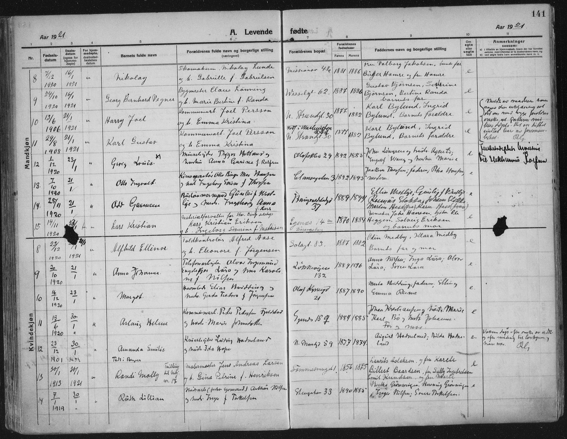 Domkirken sokneprestkontor, SAST/A-101812/002/A/L0018: Parish register (official) no. A 34, 1915-1929, p. 141