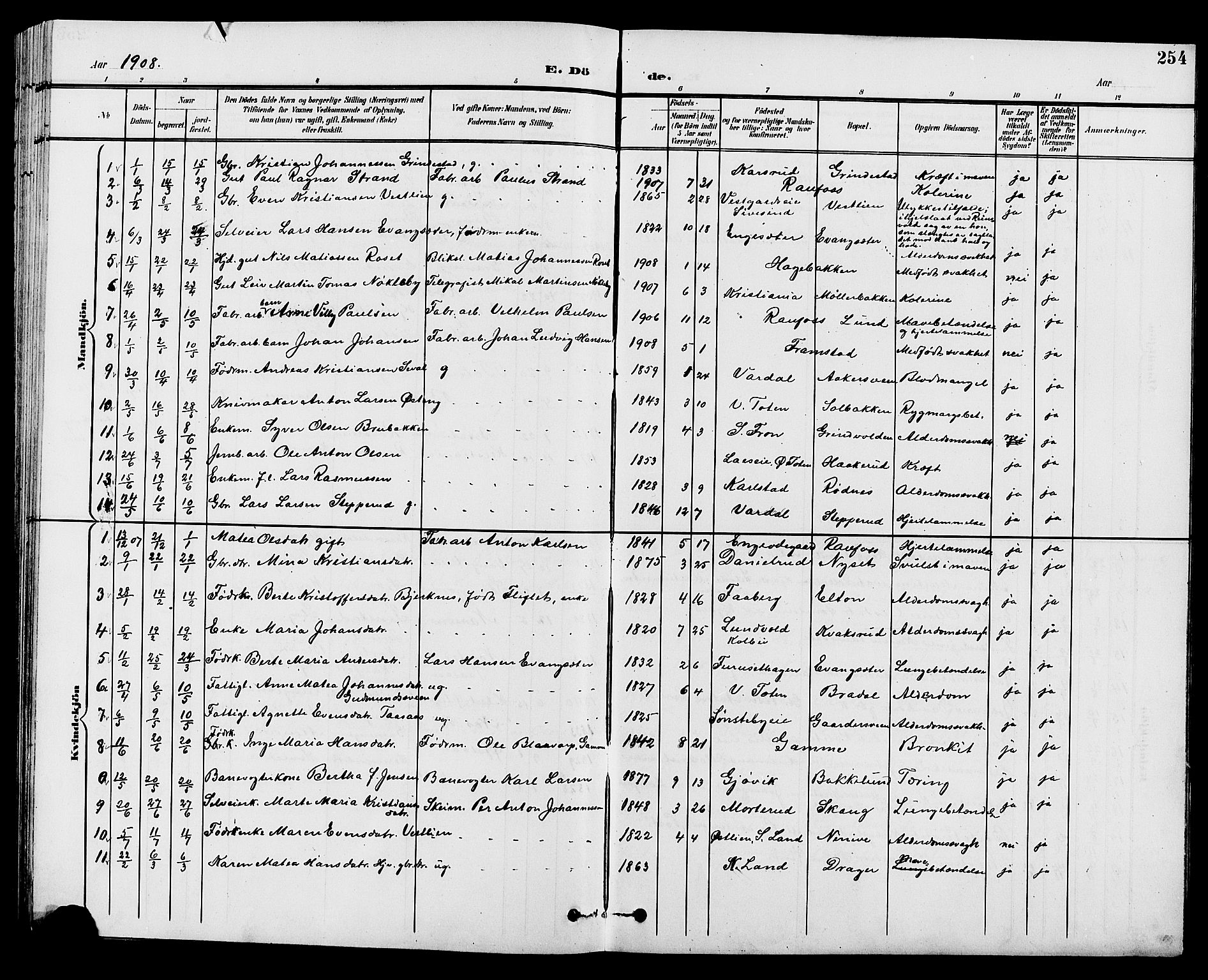 Vestre Toten prestekontor, AV/SAH-PREST-108/H/Ha/Hab/L0010: Parish register (copy) no. 10, 1900-1912, p. 254