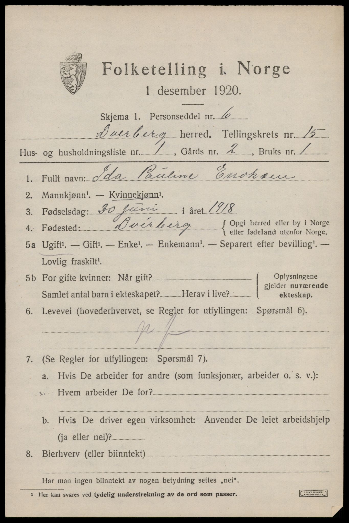 SAT, 1920 census for Dverberg, 1920, p. 11002