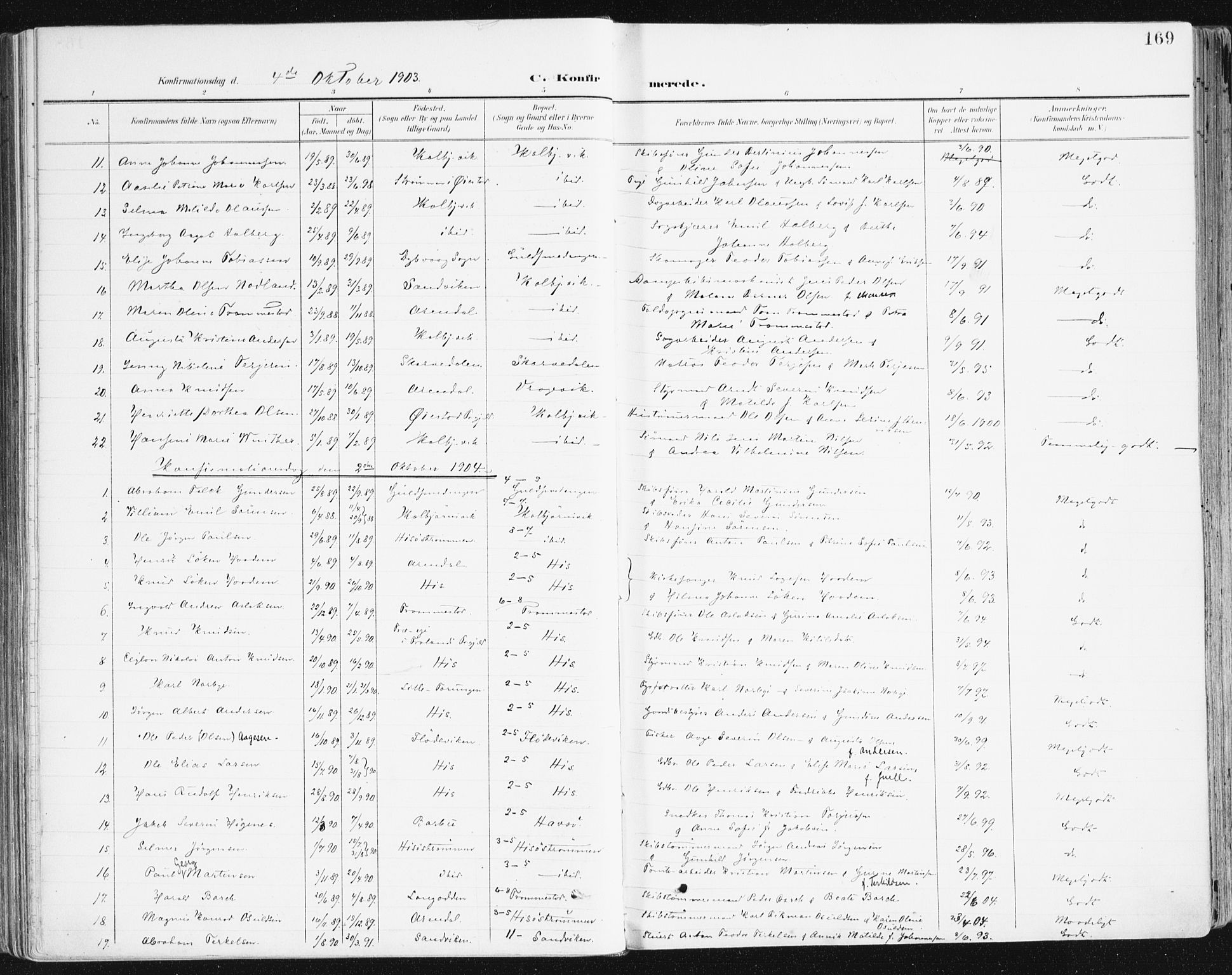 Hisøy sokneprestkontor, SAK/1111-0020/F/Fa/L0004: Parish register (official) no. A 4, 1895-1917, p. 169