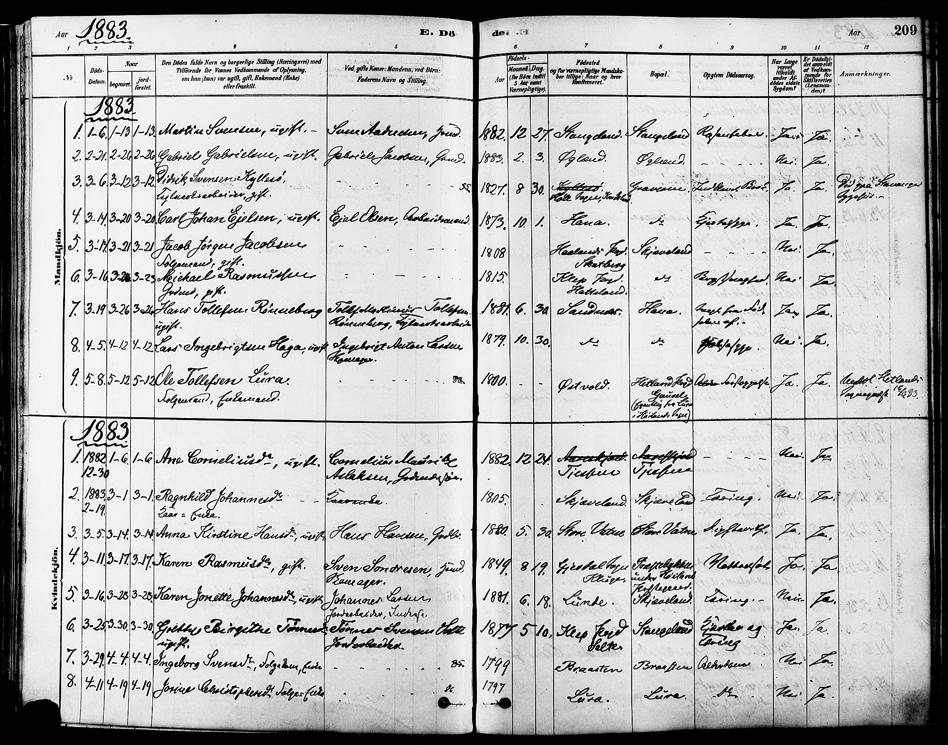 Høyland sokneprestkontor, SAST/A-101799/001/30BA/L0011: Parish register (official) no. A 10, 1878-1888, p. 209