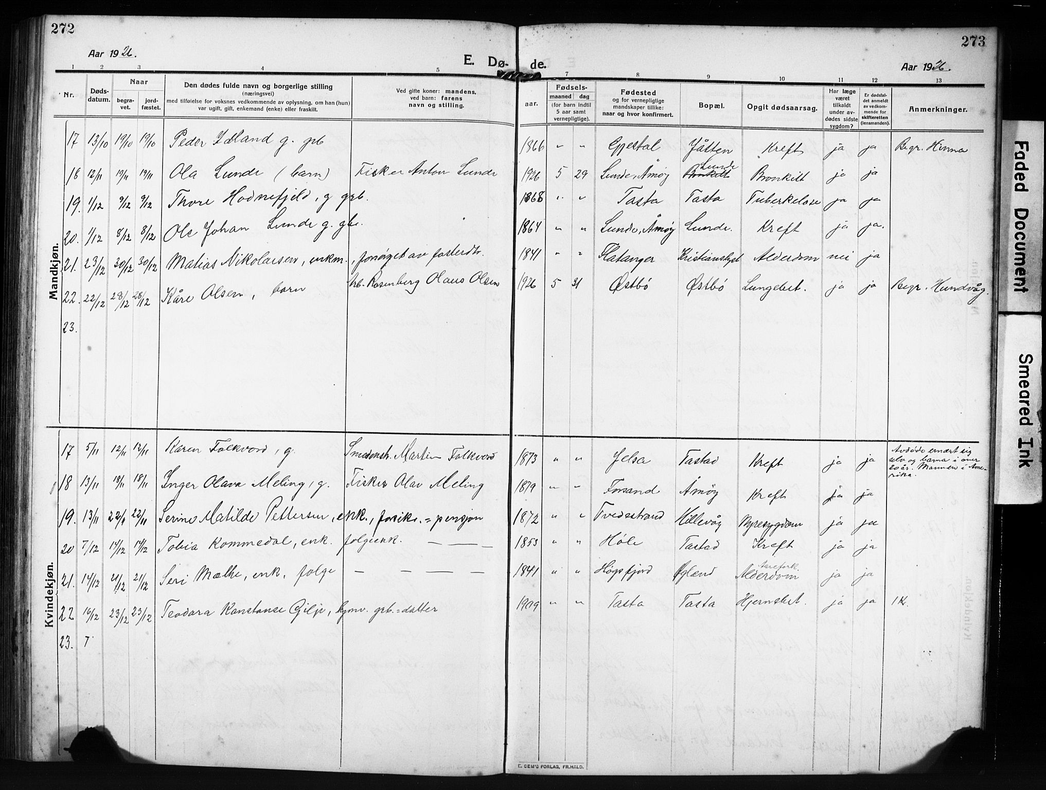 Hetland sokneprestkontor, AV/SAST-A-101826/30/30BB/L0009: Parish register (copy) no. B 9, 1910-1931, p. 272-273