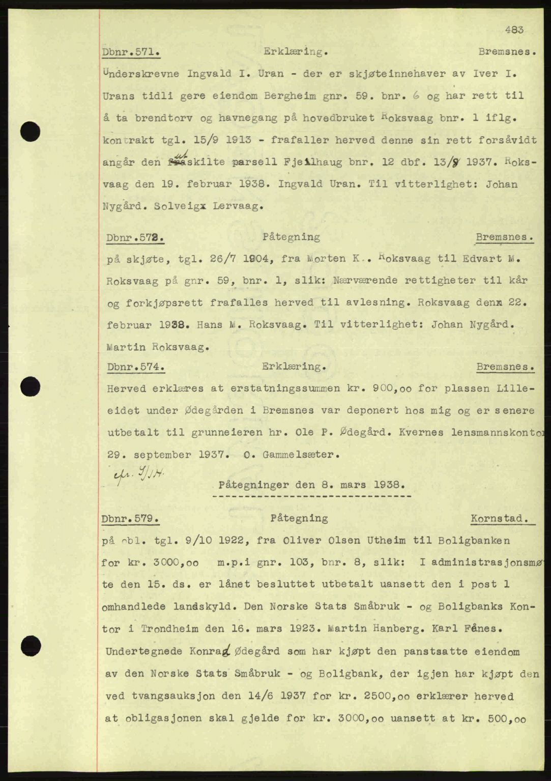 Nordmøre sorenskriveri, AV/SAT-A-4132/1/2/2Ca: Mortgage book no. C80, 1936-1939, Diary no: : 571/1938