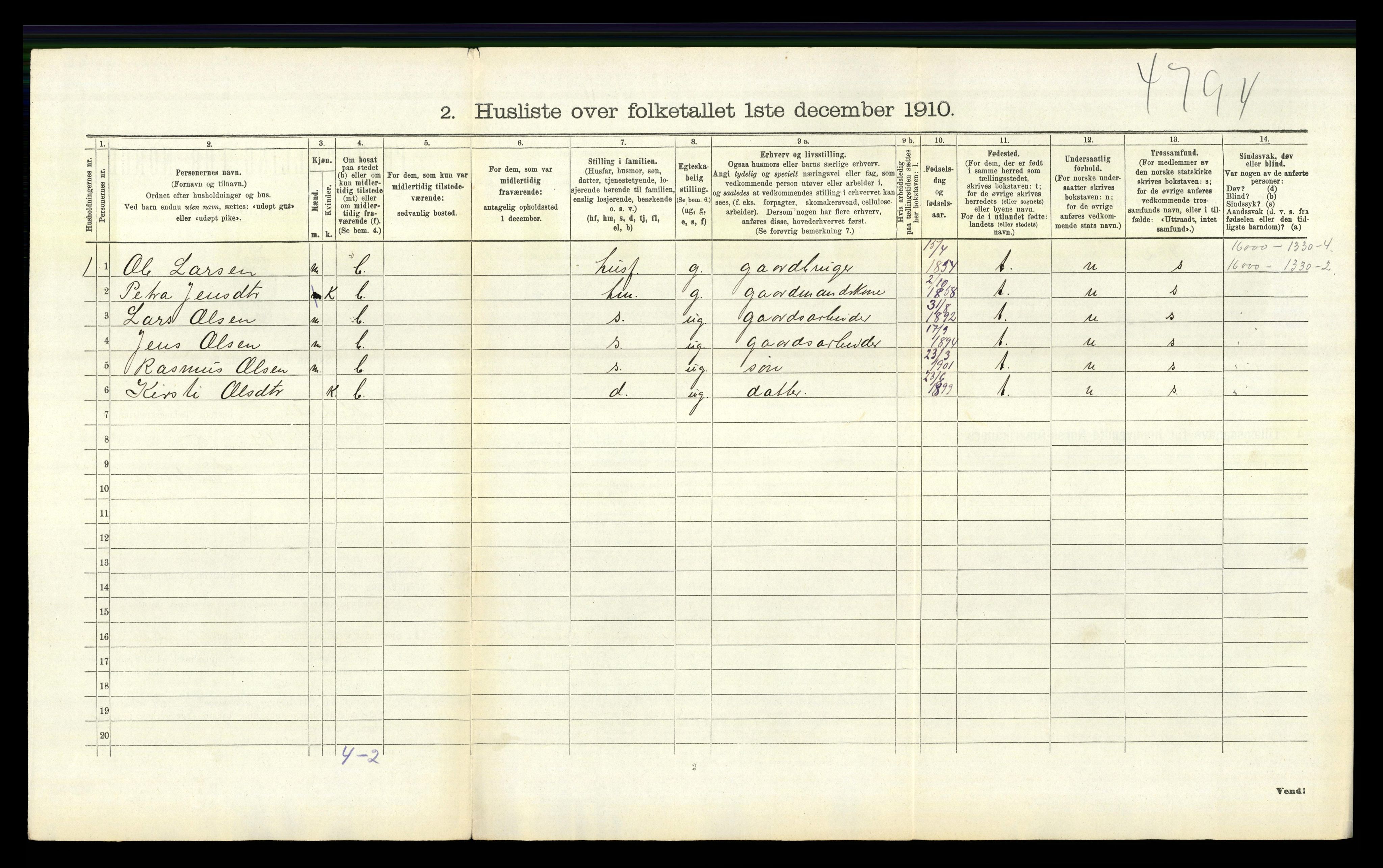 RA, 1910 census for Vikedal, 1910, p. 592