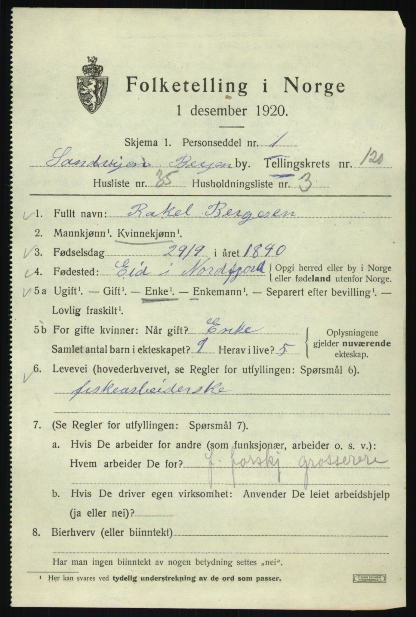 SAB, 1920 census for Bergen, 1920, p. 202044