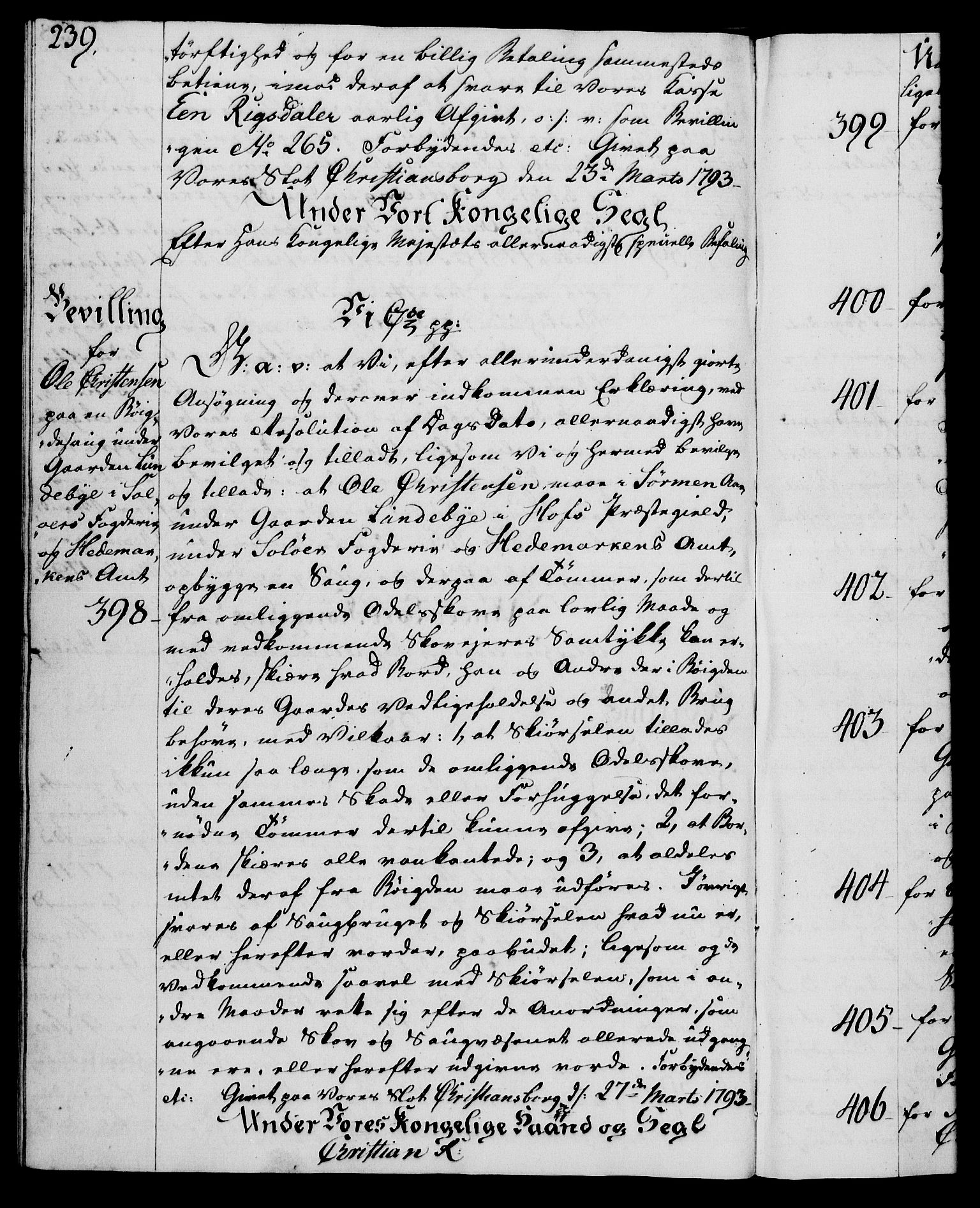 Rentekammeret, Kammerkanselliet, AV/RA-EA-3111/G/Gg/Gga/L0015: Norsk ekspedisjonsprotokoll med register (merket RK 53.15), 1790-1791, p. 239