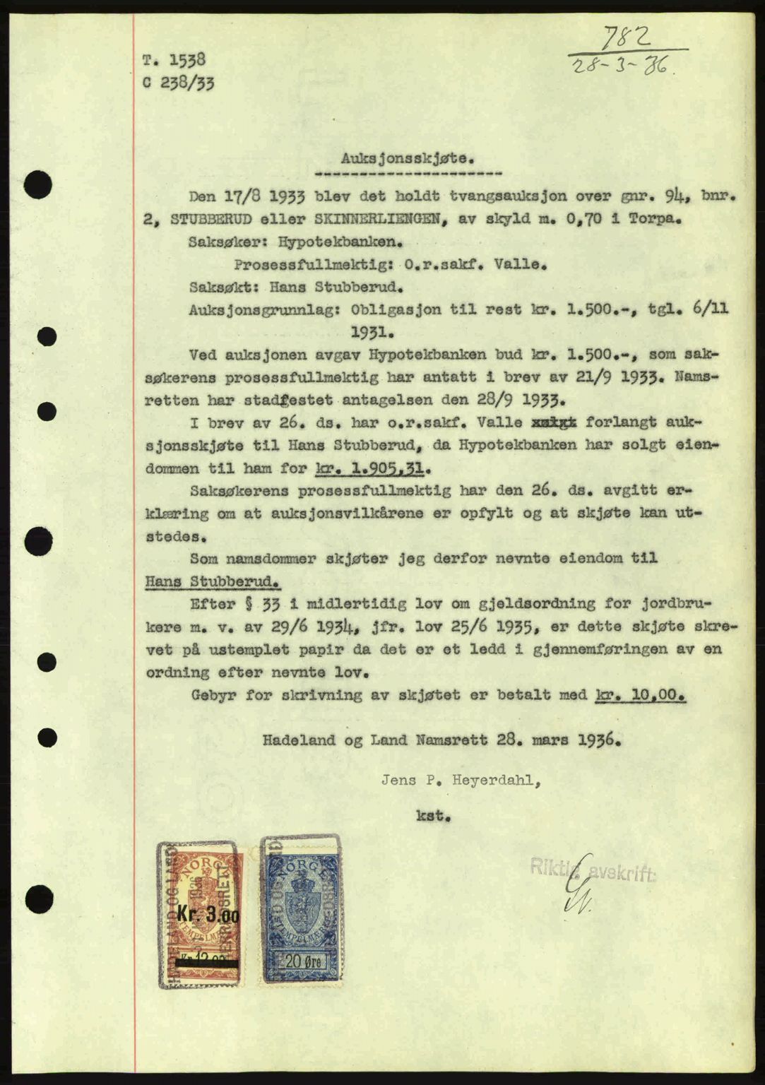 Hadeland og Land tingrett, AV/SAH-TING-010/H/Hb/Hbb/L0072: Mortgage book no. A72, 1936-1936, Diary no: : 782/1936