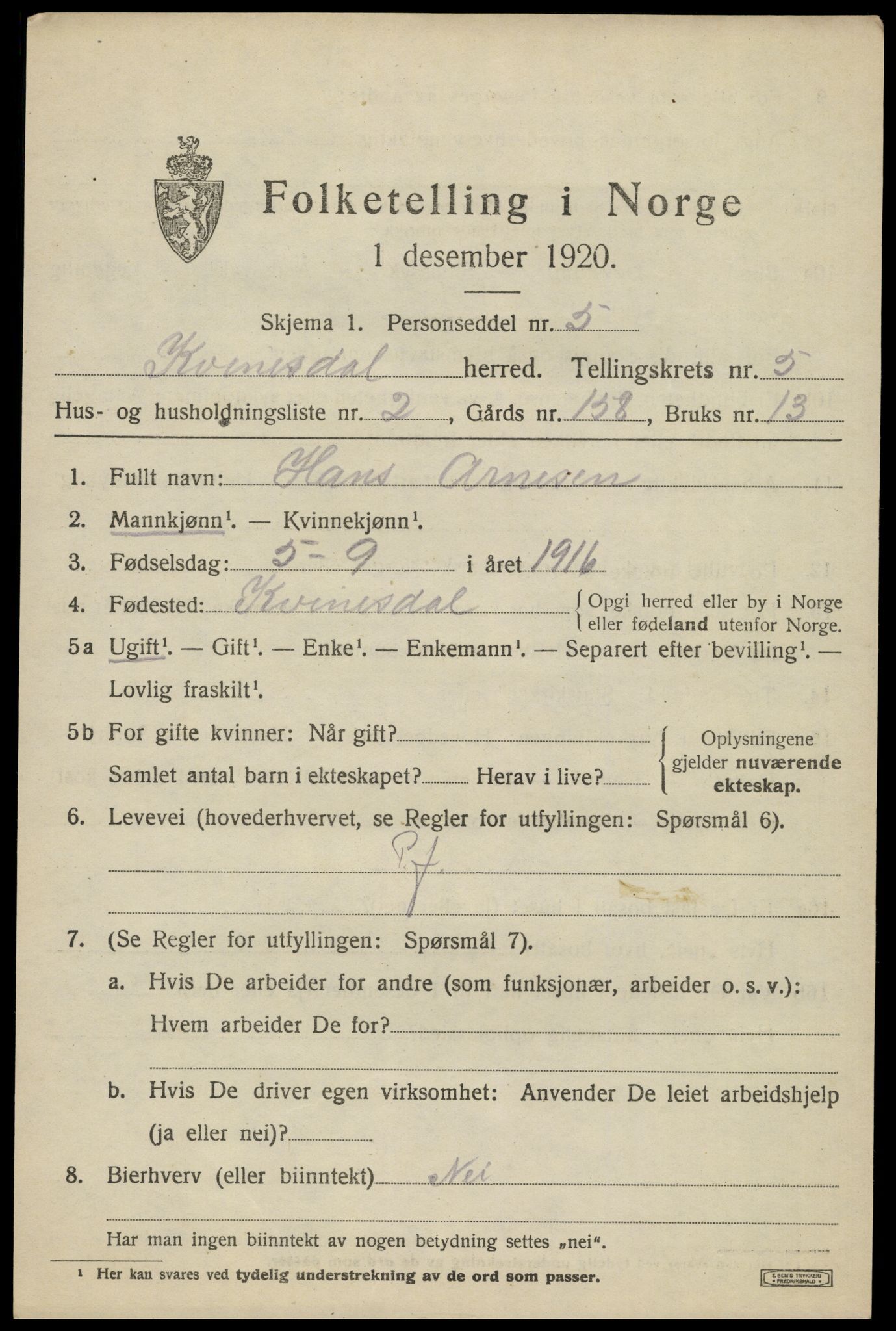 SAK, 1920 census for Kvinesdal, 1920, p. 5727